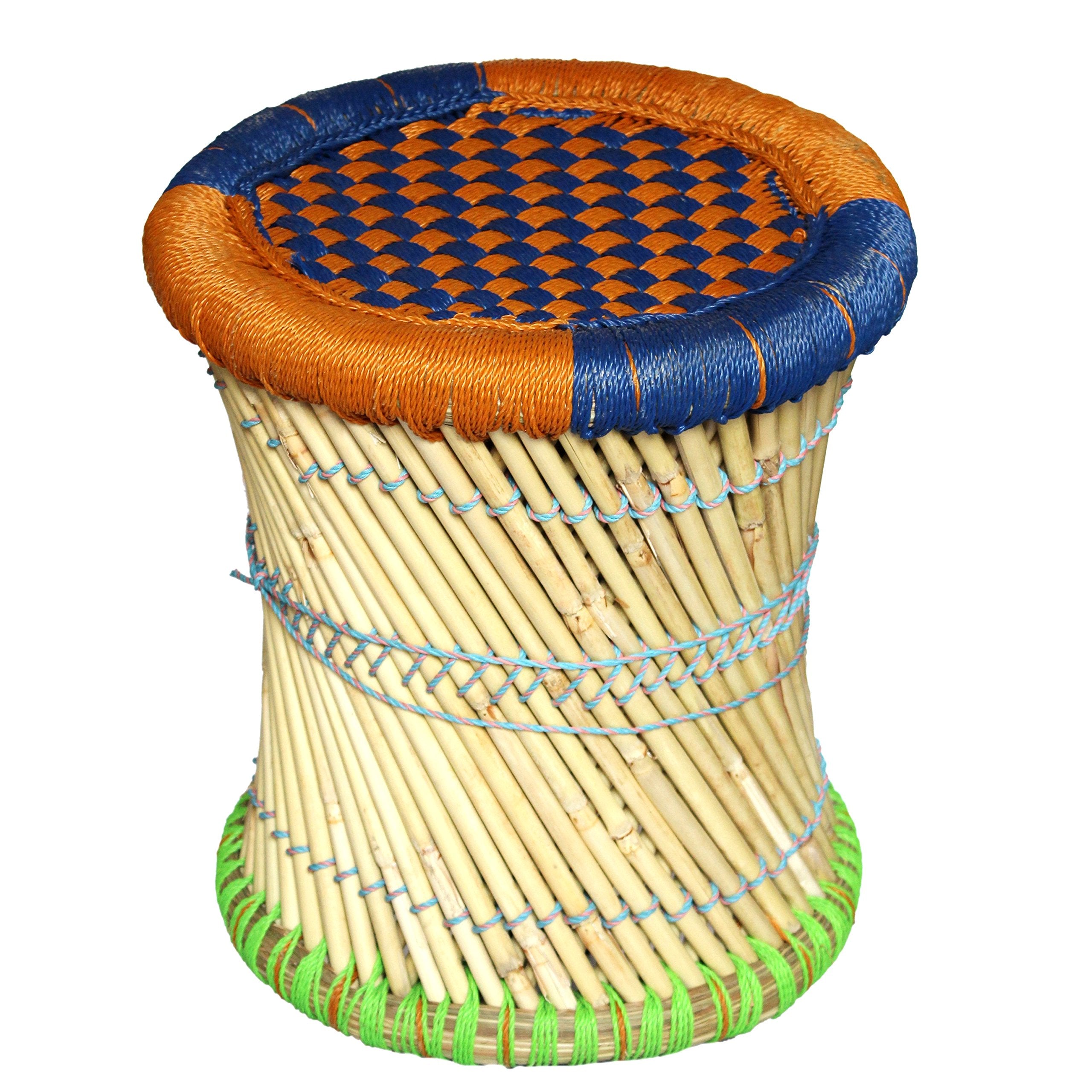 Heemo EcoFriendly Cane Wood Bamboo Sitting Stool, Mudda For Indoor/Outdoor (Blue Orange: Set Of 1)
