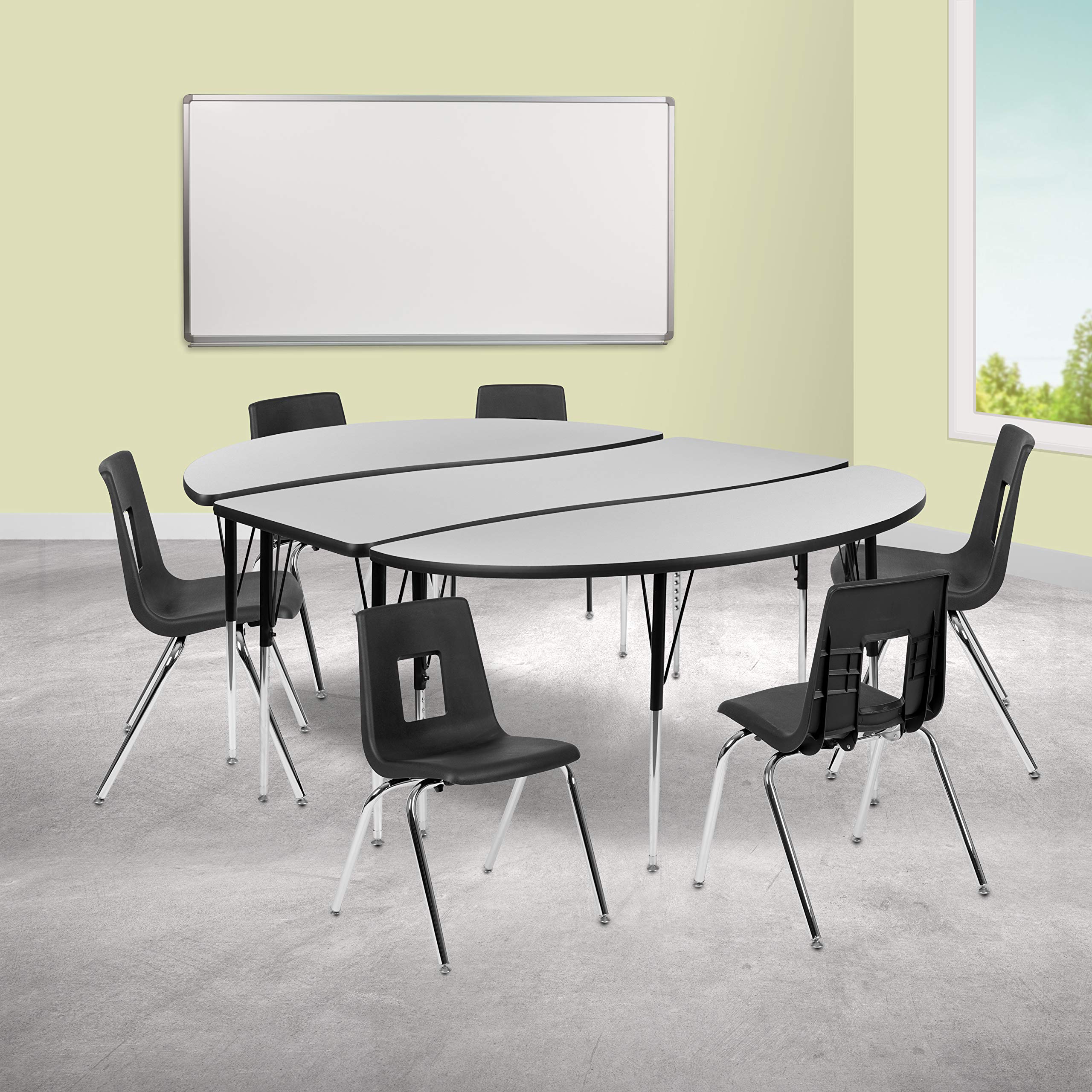 Flash Furniture 86 Oval Wave Collaborative Laminate Activity Table Set with 18 Student Stack Chairs, Grey/Black