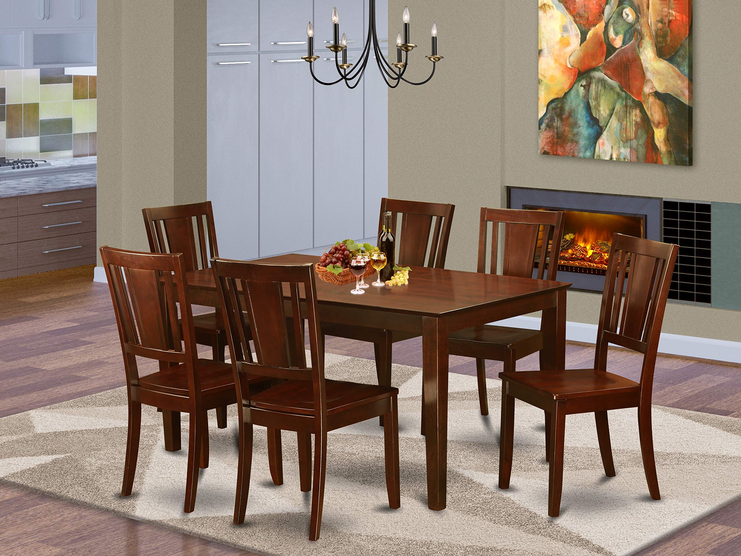 East West Furniture CADU7-MAH-W 7 Piece Dining Table Set Consist of a Rectangle Dining Room Table and 6 Wooden Seat Chairs, 36x60 Inch, Mahogany