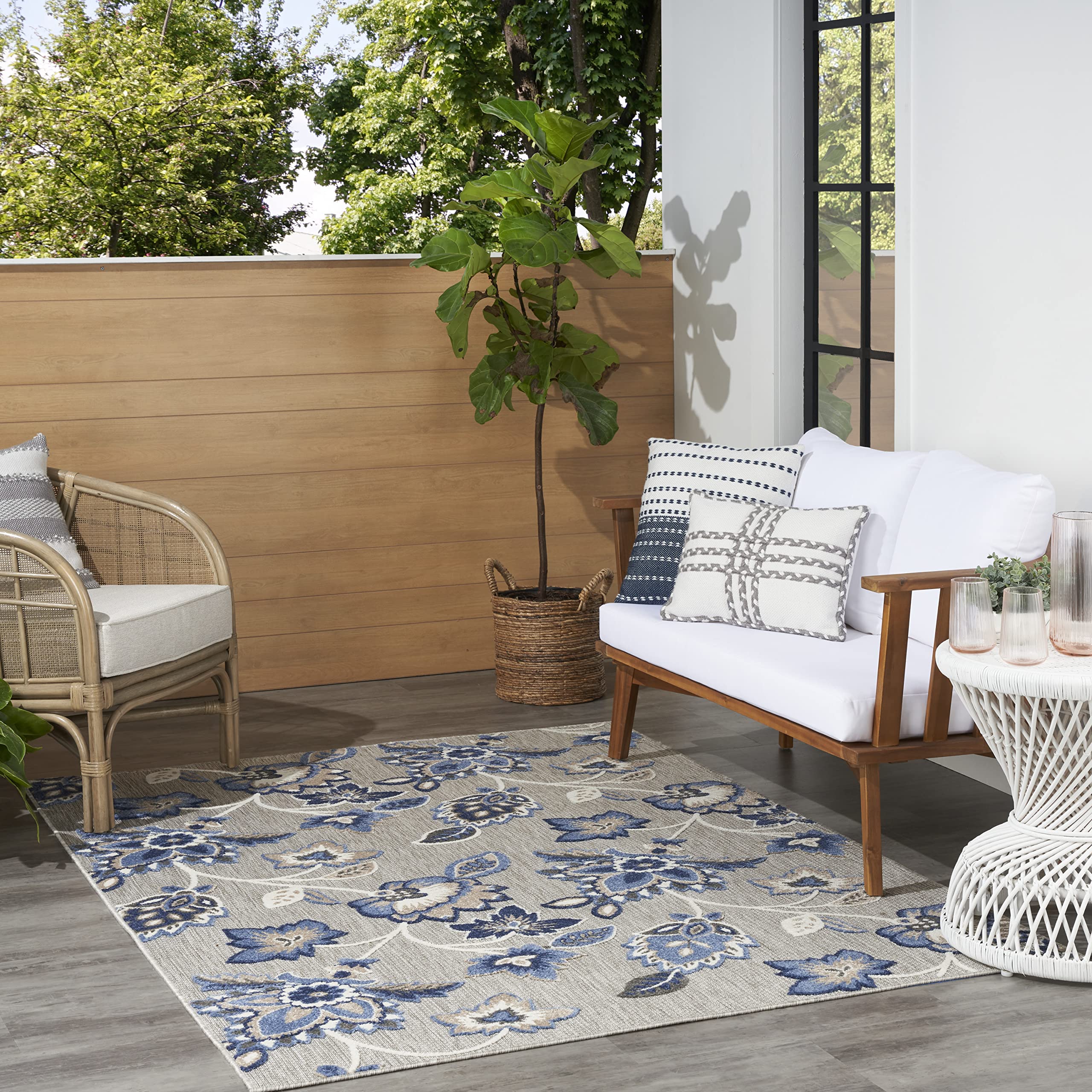 Nourison Aloha Indoor-Outdoor Blue/Grey 6' X 9' Area Rug, Easy Cleaning, Non Shedding, Bed Room, Living Room, Dining Room, Kitchen (6X9)