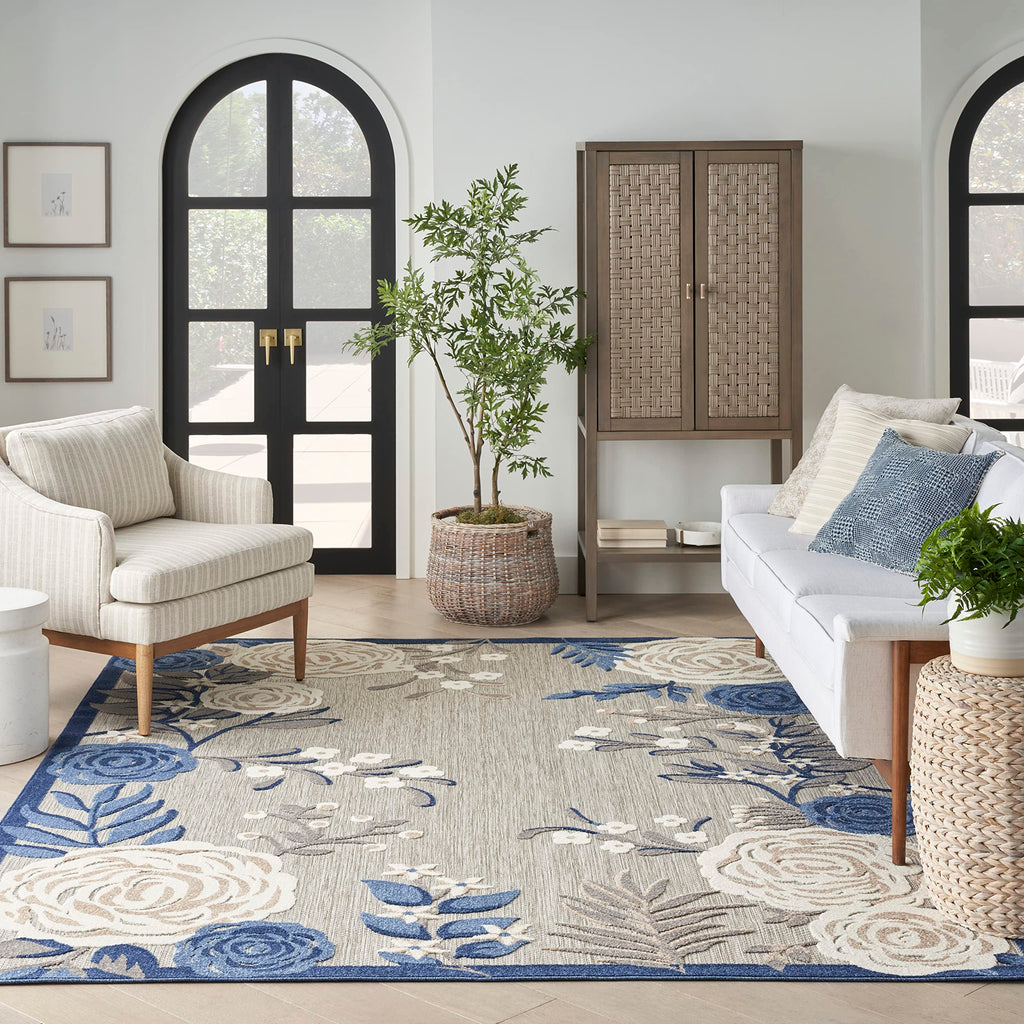 Nourison Aloha Indoor/Outdoor Modern Blue/Grey 5'3' X 7'5' Area Rug, Easy Cleaning, Non Shedding, Bed Room, Living Room, Dining Room, Kitchen (5X7)