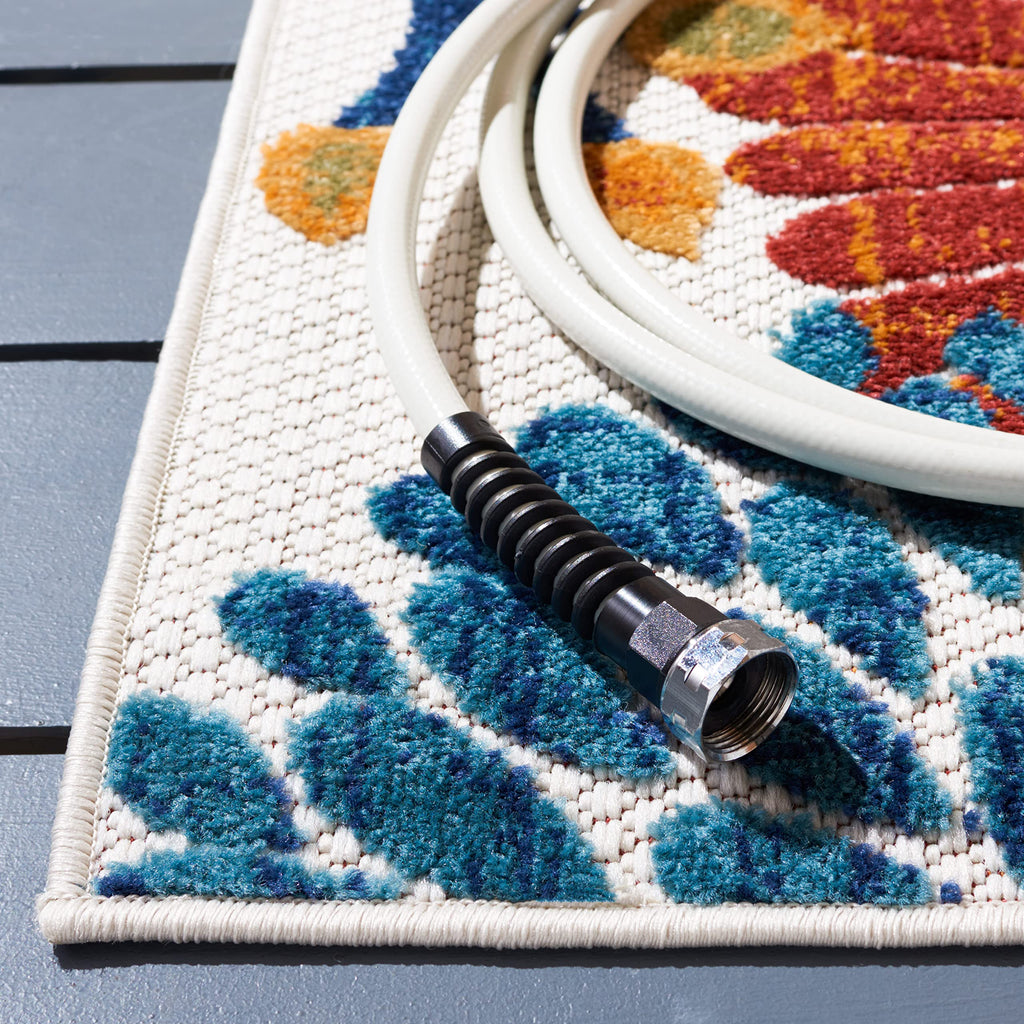 Safavieh Cabana Collection 4' Square Cream/Red Cbn832A Floral Indoor/ Outdoor Non-Shedding Easy Cleaning Patio Backyard Porch Deck Mudroom Area Rug