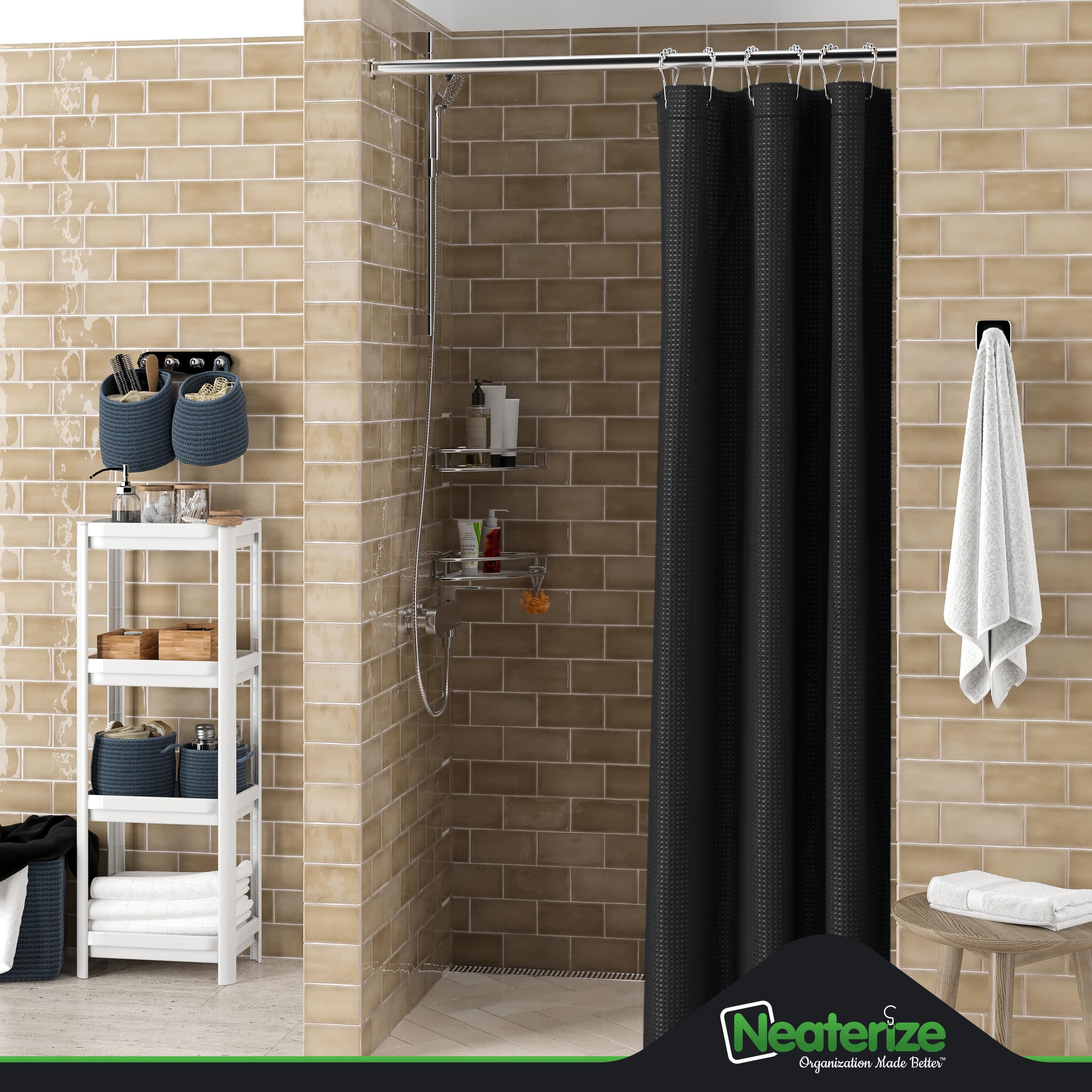 Neaterize Stall Shower Curtain Black - Hotel Style Black Shower Curtains For Bathroom With Waffle Design, 36X72 Inches - Fabric