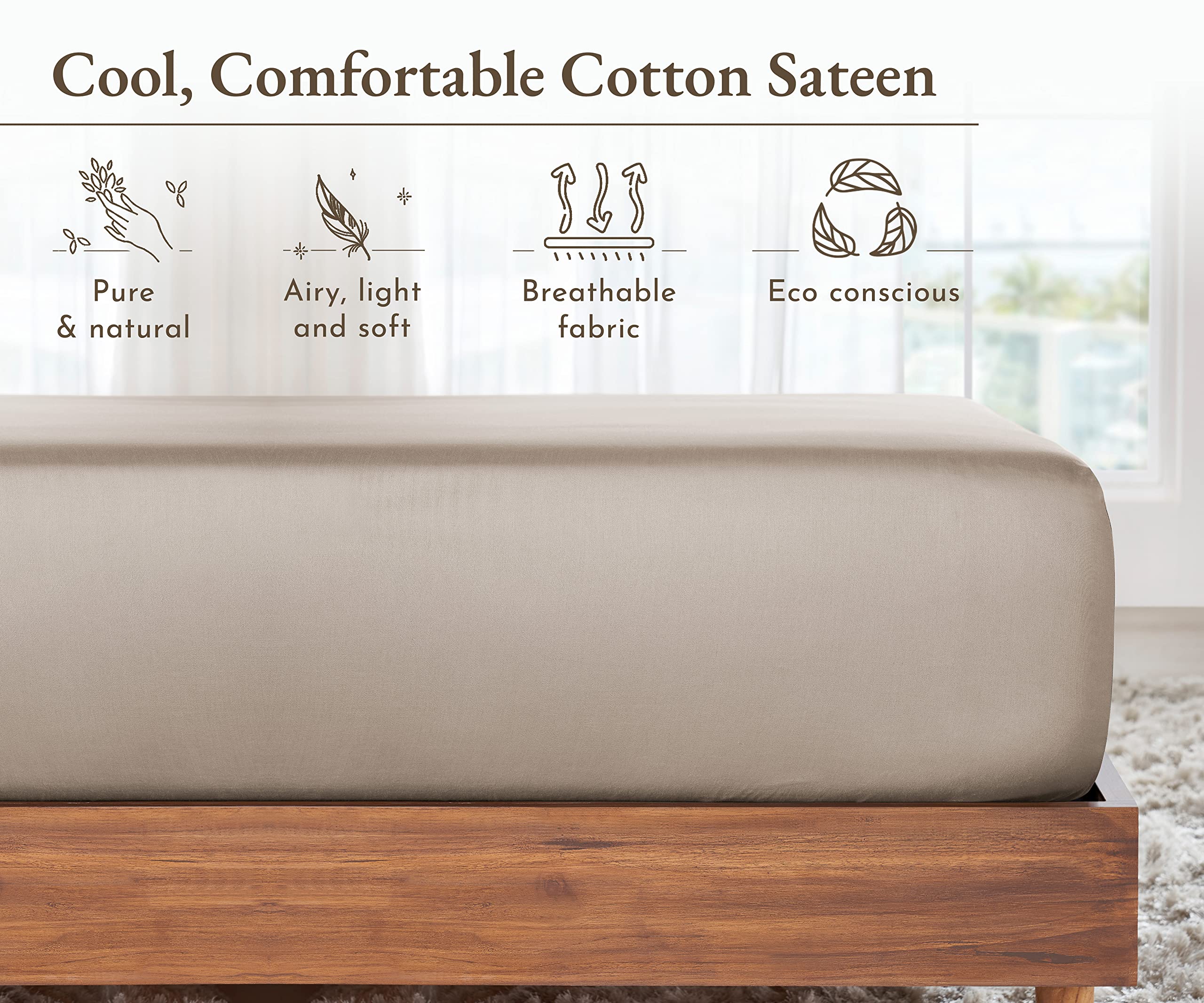 California Design Den Queen Fitted Sheet Only, Soft 100% Cotton Sateen, Deep Pocket, Durable All-Around Elastic, Head/Foot Side Indicators, Beige Fitted Sheet Queen