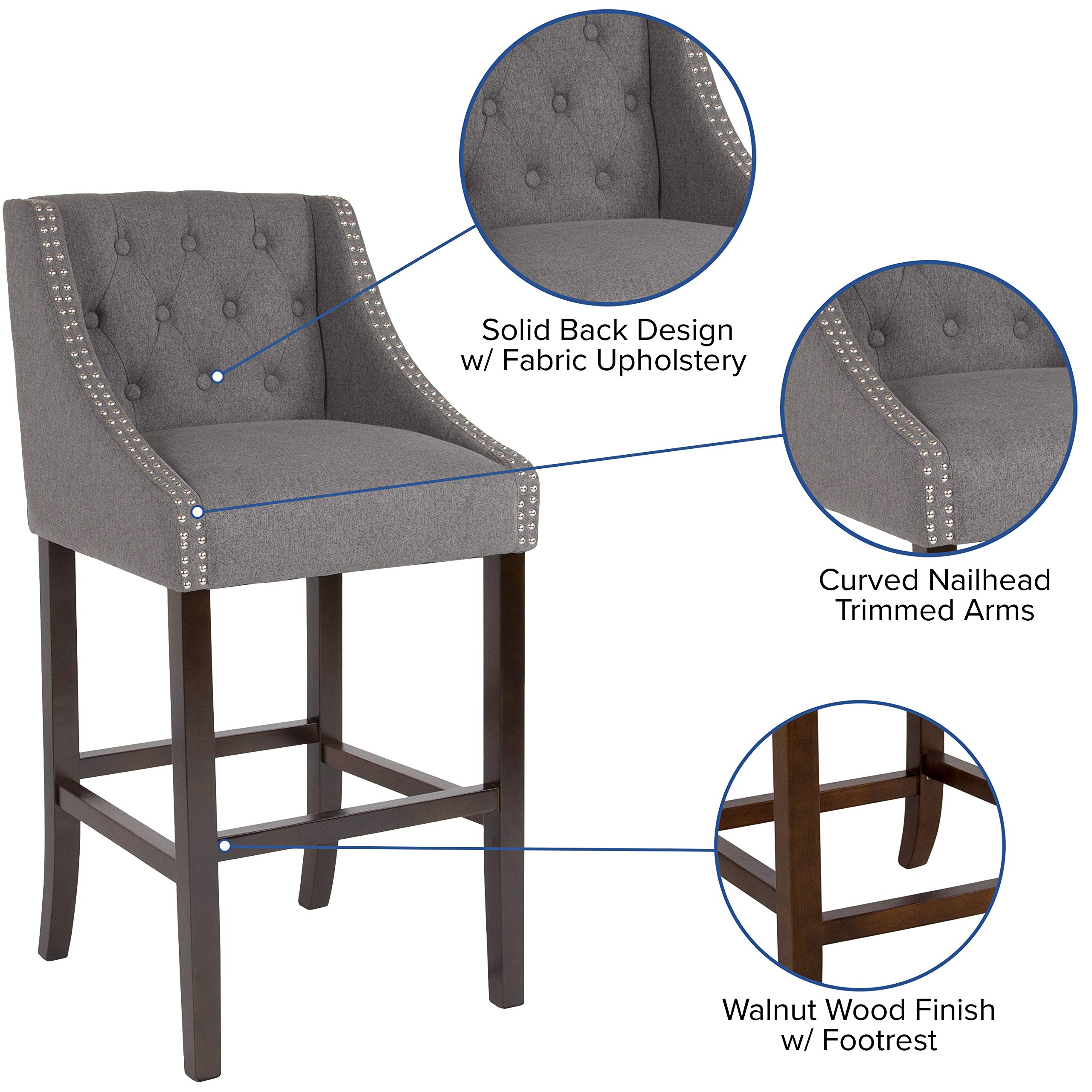 Flash Furniture Carmel Series 30&quot; High Transitional Tufted Walnut Barstool With Accent Nail Trim In Dark Gray Fabric