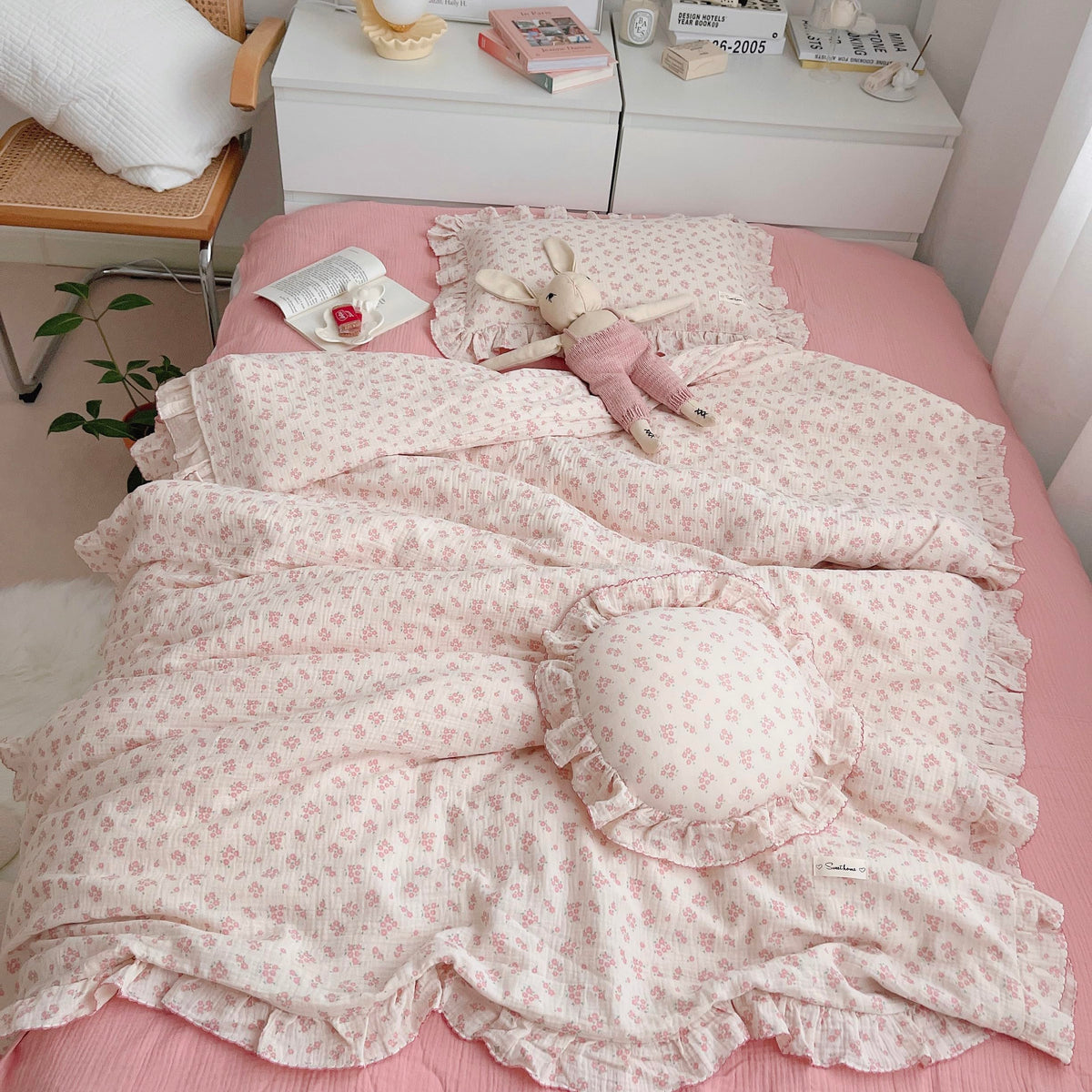 Bulutu Girls Baby Duvet Cover Pink Flower Duvet Covers Muslin Cotton Toddler Kids Duvet Cover Quilted Protector, 47'X59', Gals