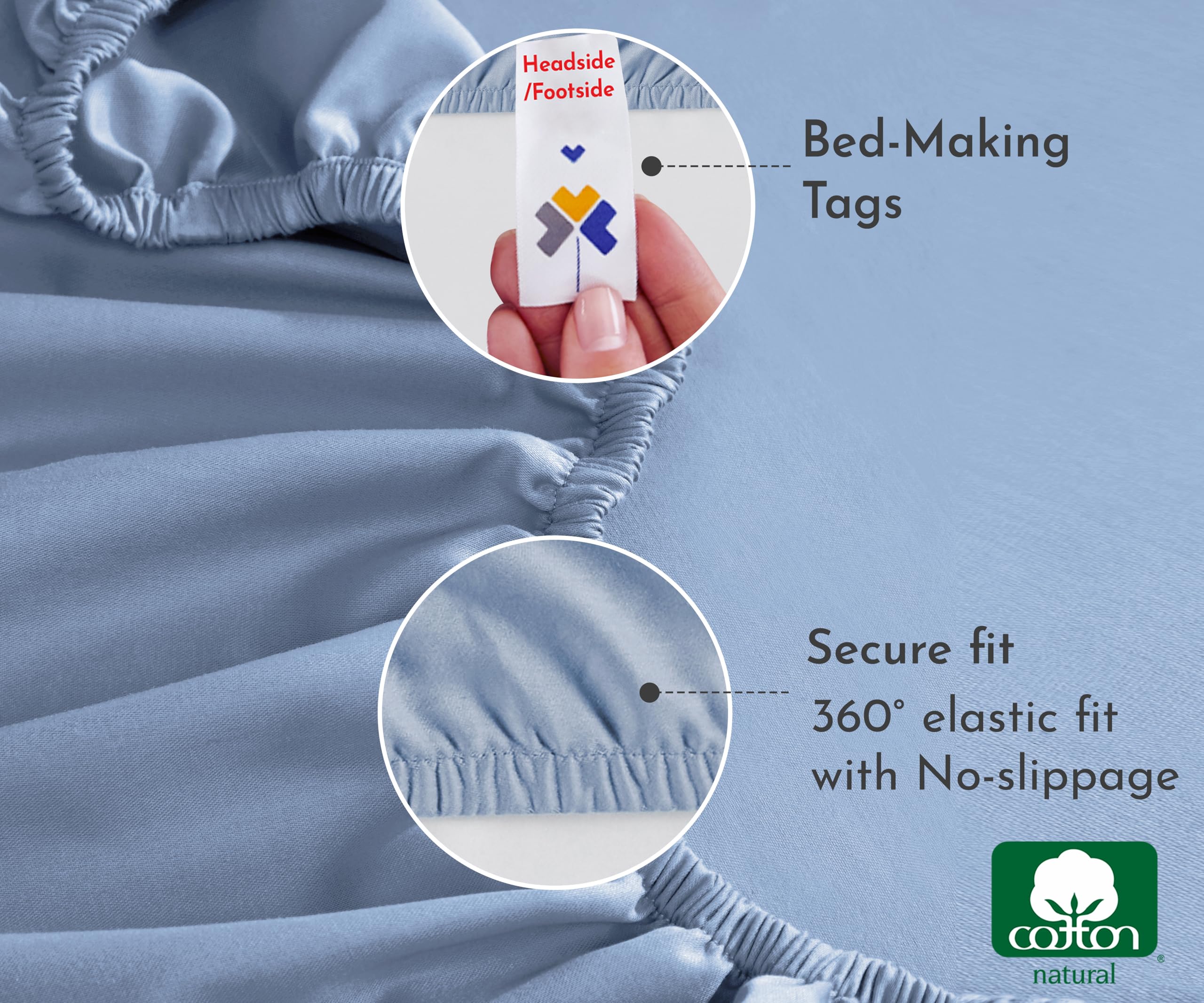 California Design Den Cooling Fitted Sheet Queen, Soft 100% Cotton Sateen, Deep Pocket, Durable All-Around Elastic, Head/Foot Side Indicators, Queen Fitted Sheet Cotton (Blue Hydrangea)