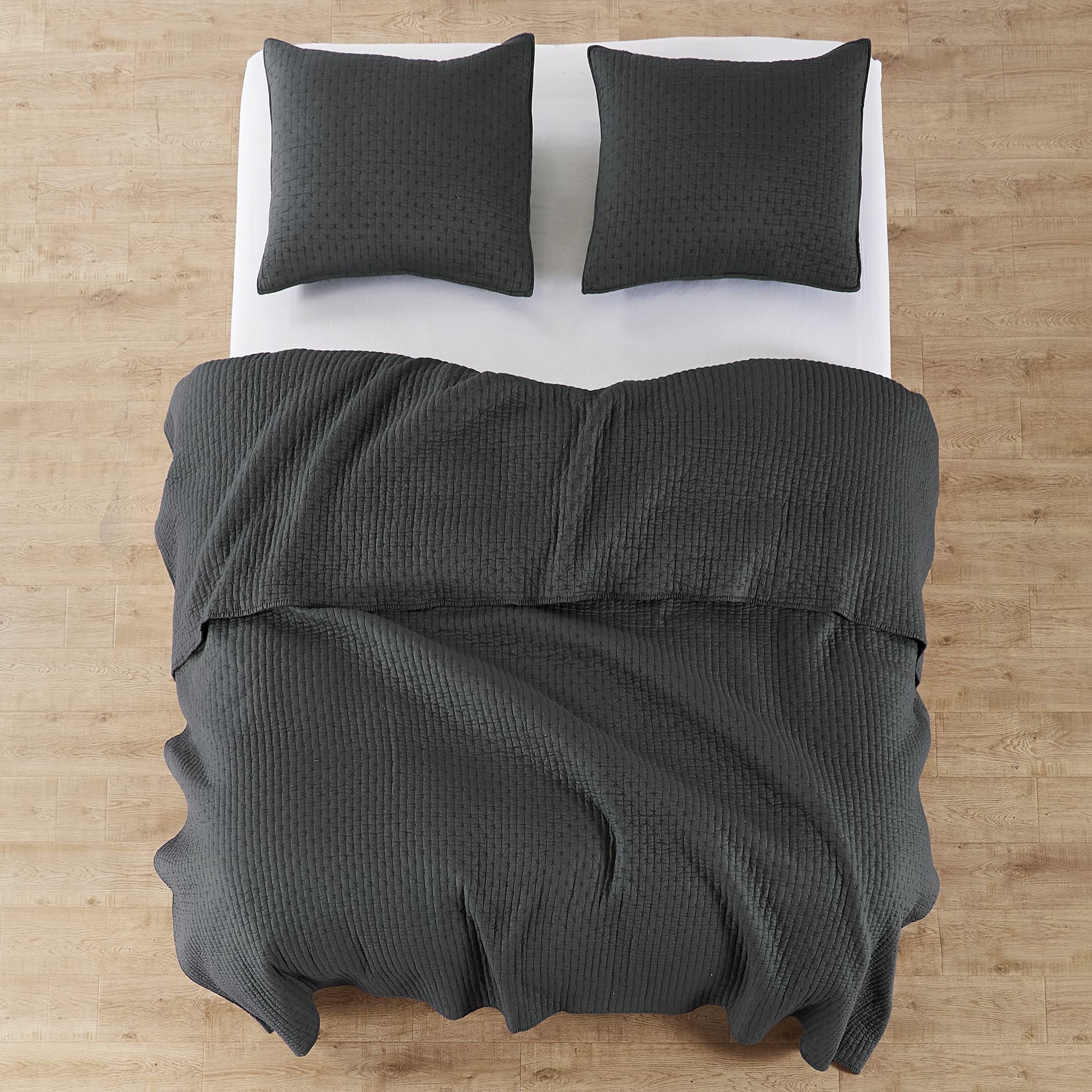Levtex Home - Cross Stitch Charcoal Quilt Set - 100% Cotton - King/Cal King Quilt (106X92In.) + 2 King Shams (36X20In.) - Revers