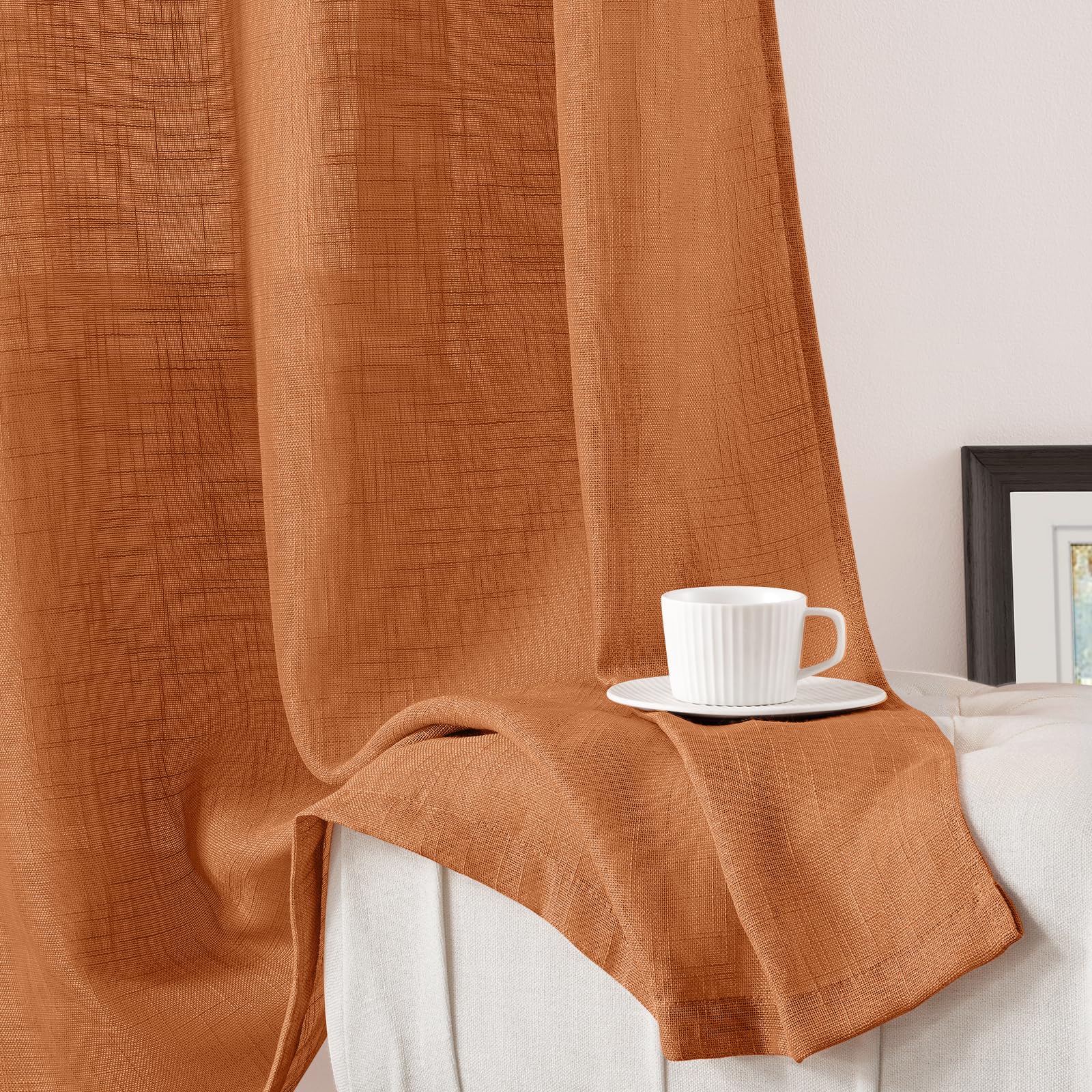Homeideas Orange Linen Sheer Curtains 96 Inches Long 2 Panels Textured Semi Sheer Curtains Farmhouse Curtains Sheer Privacy Wind