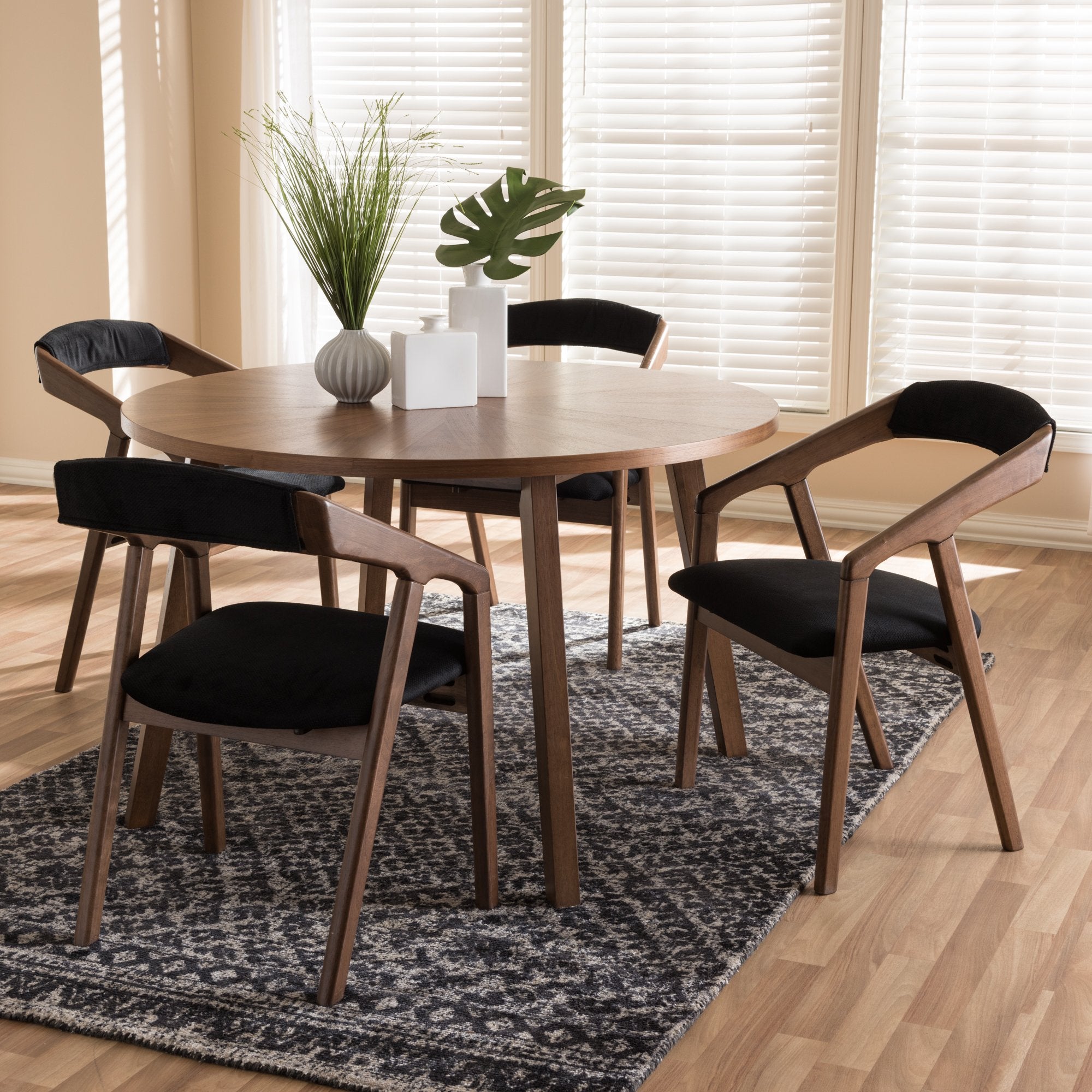 Baxton Studio Wendy Mid-Century Modern Black Fabric and Walnut Medium Brown Wood Finishing Dining Set Black//Medium Wood/Mid-Century/Table/Fabric Polyester 100%&quot;/Solid Rubber Wood/Foam