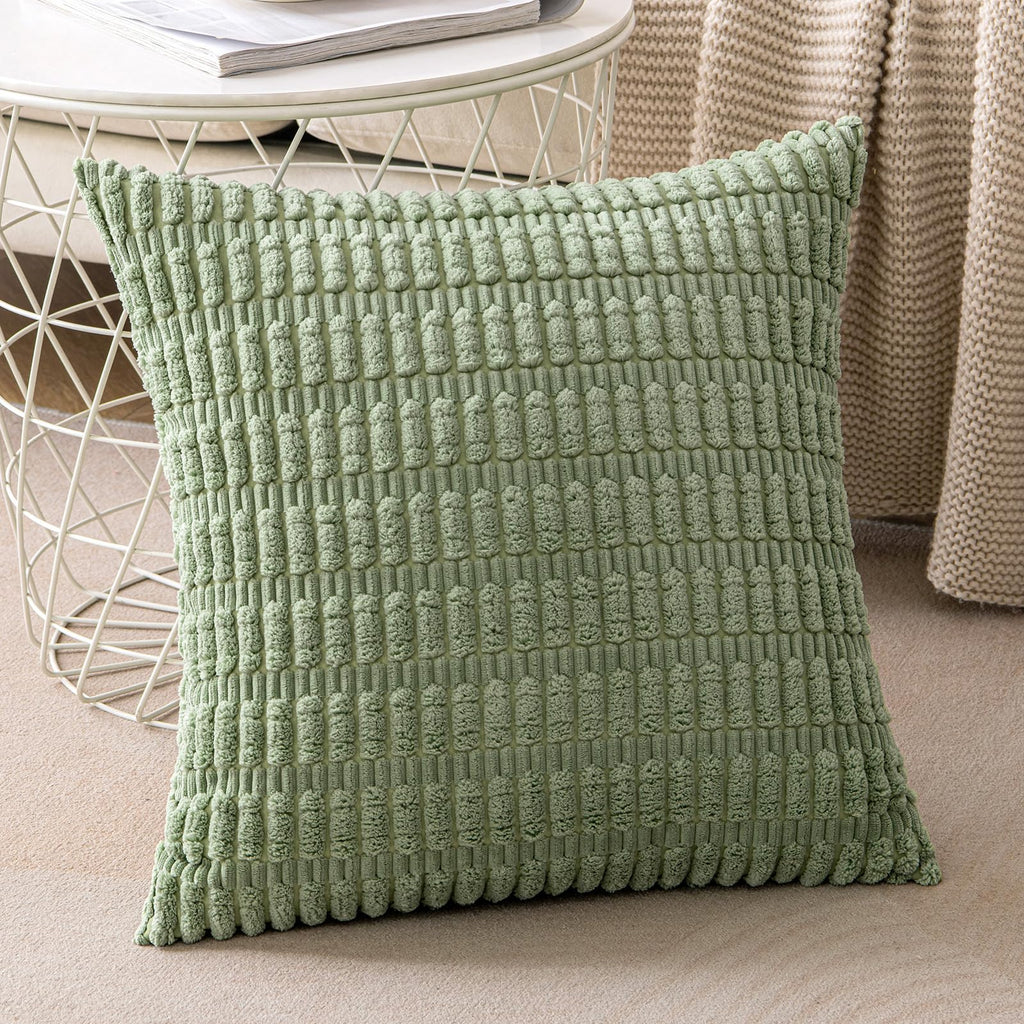 Anroduo Pack Of 2 Sage Green Decorative Throw Pillow Covers 18X18 Inch For Couch Bed Living Room Soft Corduroy Striped Square Cu