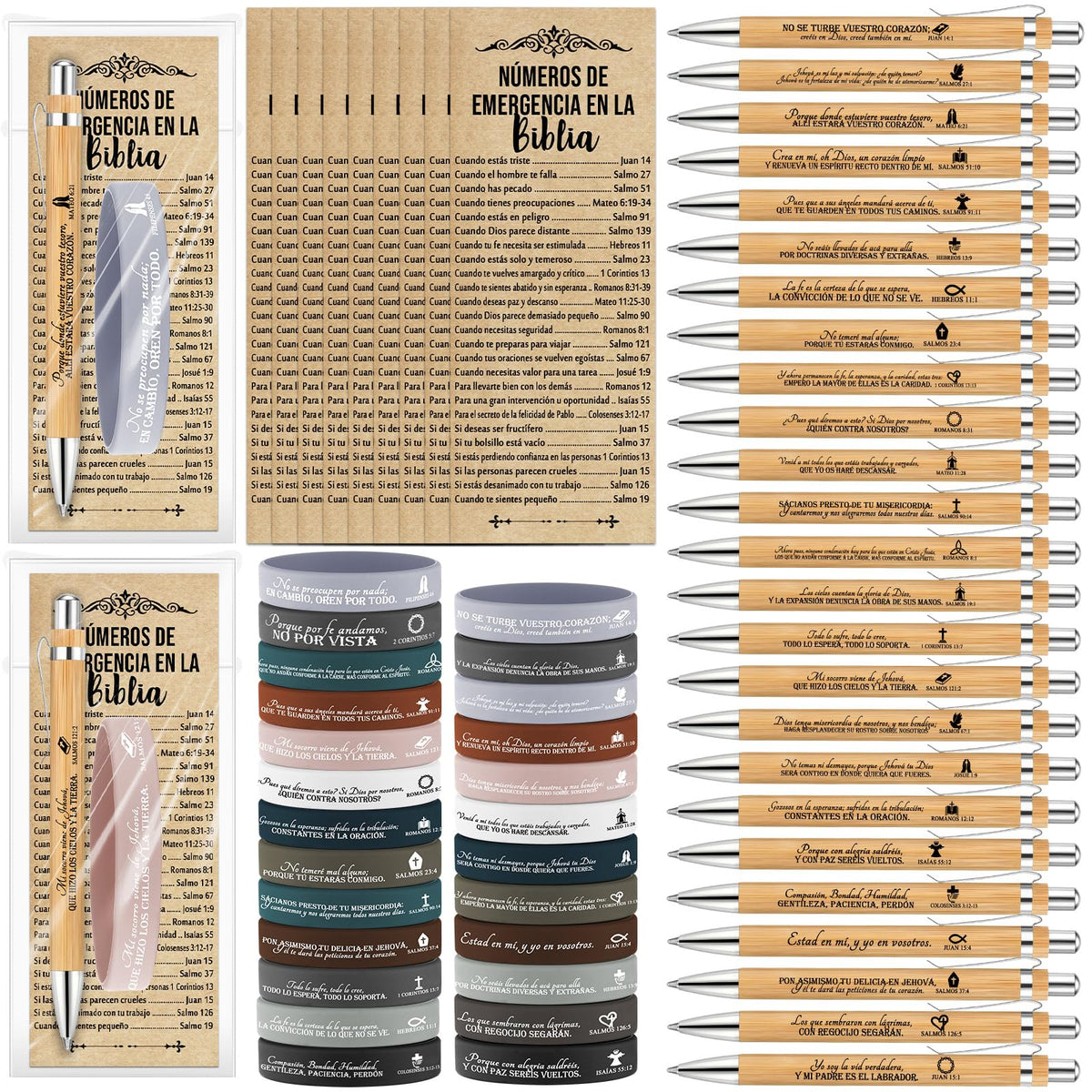 25Set Mother'S Day Christian Church Gifts Bible Verse Bamboo Pen Religious Silicone Wristband Emergency Number Bookmark Bible St