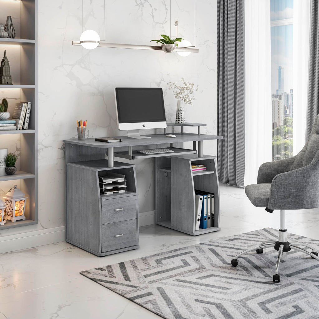 Techni Mobili 47" Computer Desk with Drawers and Storage, Office Desk with Printer Shelf, Pull Out Shelf and Keyboard Tray, Computer Workstation, Grey