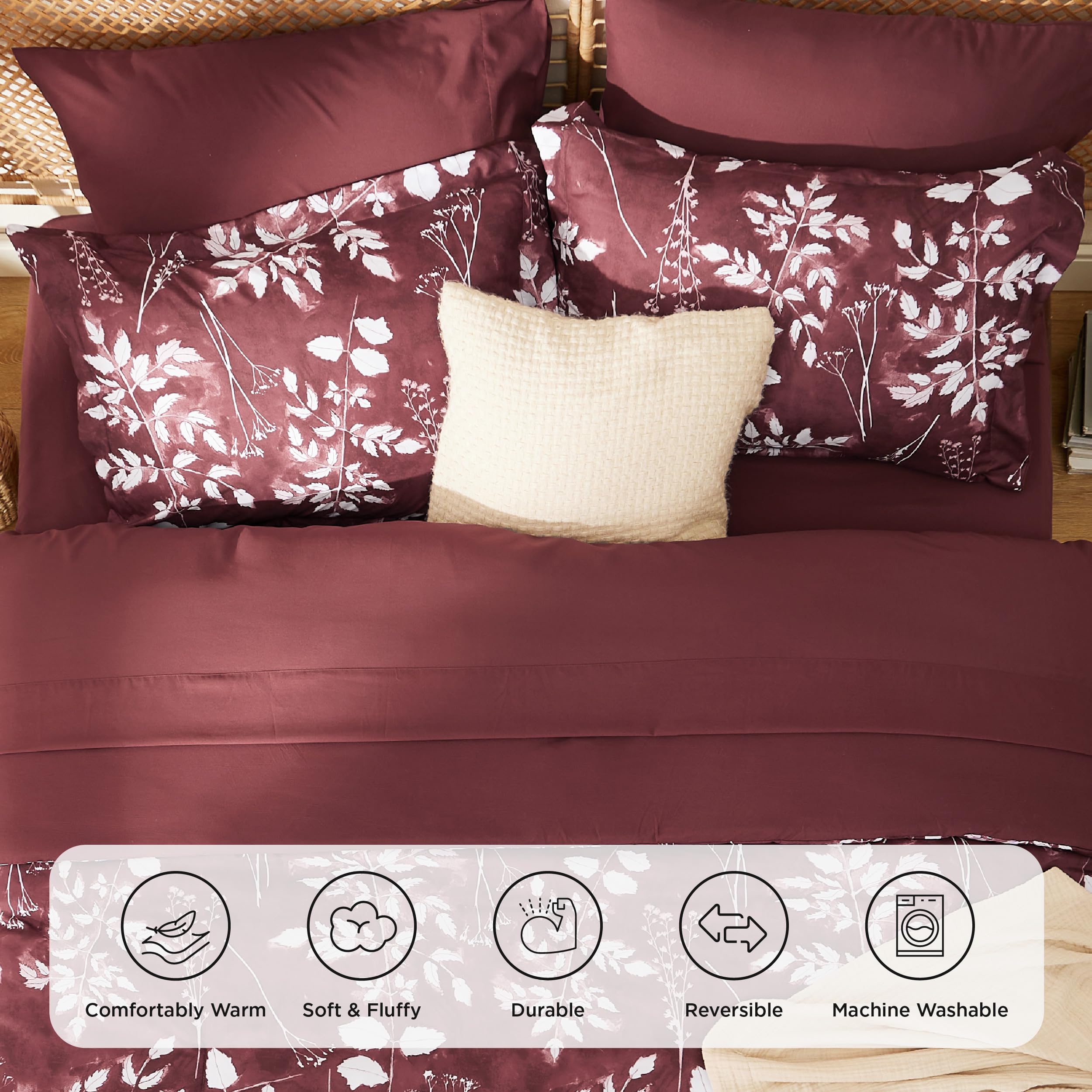 Bedsure Burgundy Full Comforter Set - 7 Pieces Floral Bedding Sets Full Bed In A Bag With Reversible Botanical Flowers Comforter, Sheets, Pillowcases & Shams
