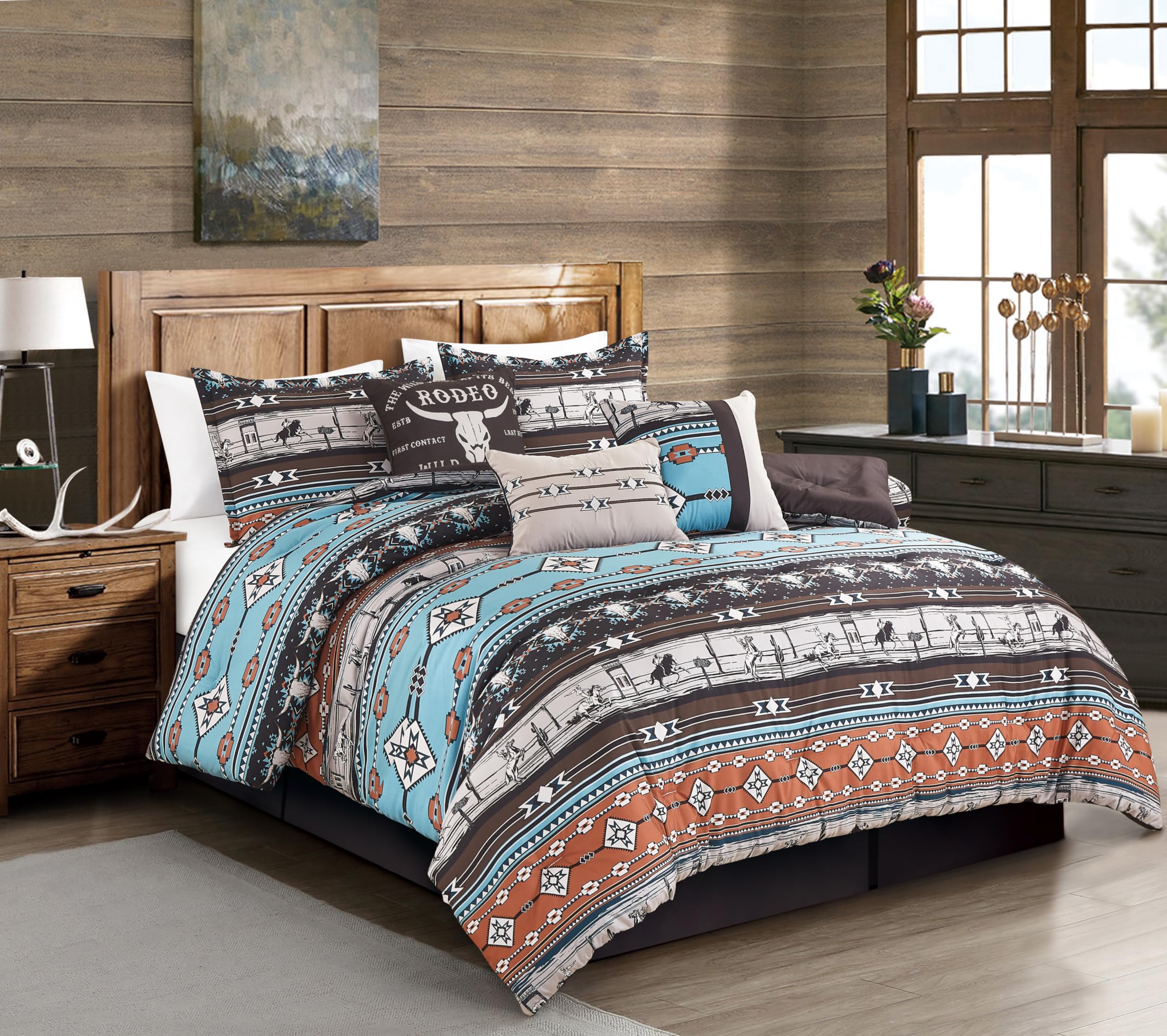 Chezmoi Collection Boone 7-Piece Southwestern Cowboys Rodeo Comforter Set - Multicolor Blue Brown Beige Clay Printed Washed Micr