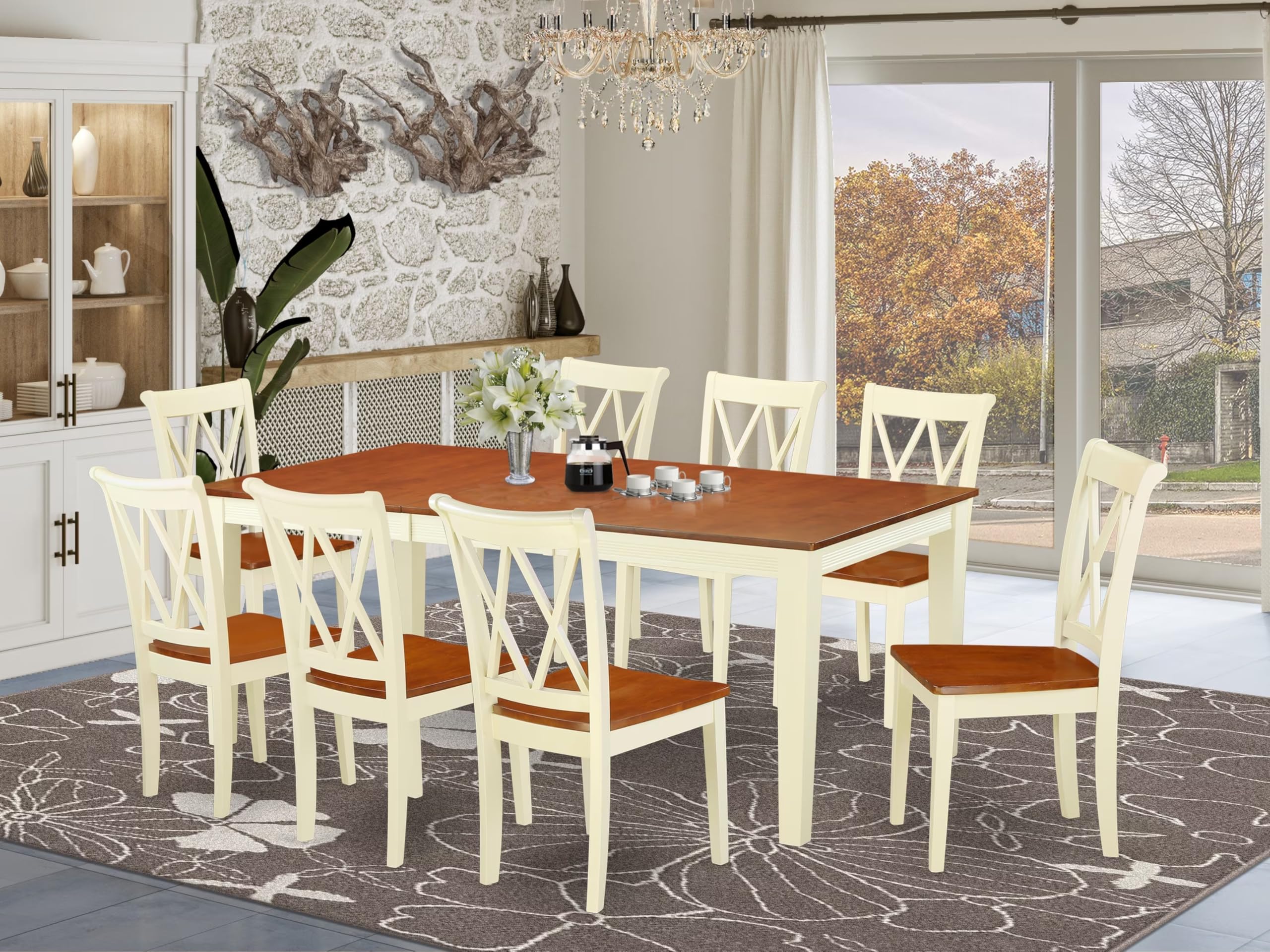 East West Furniture Qucl9-Bmk-W 9 Piece Dining Room Furniture Set Includes A Rectangle Kitchen Table With Butterfly Leaf And 8 Dining Chairs, 40X78 Inch, Buttermilk & Cherry