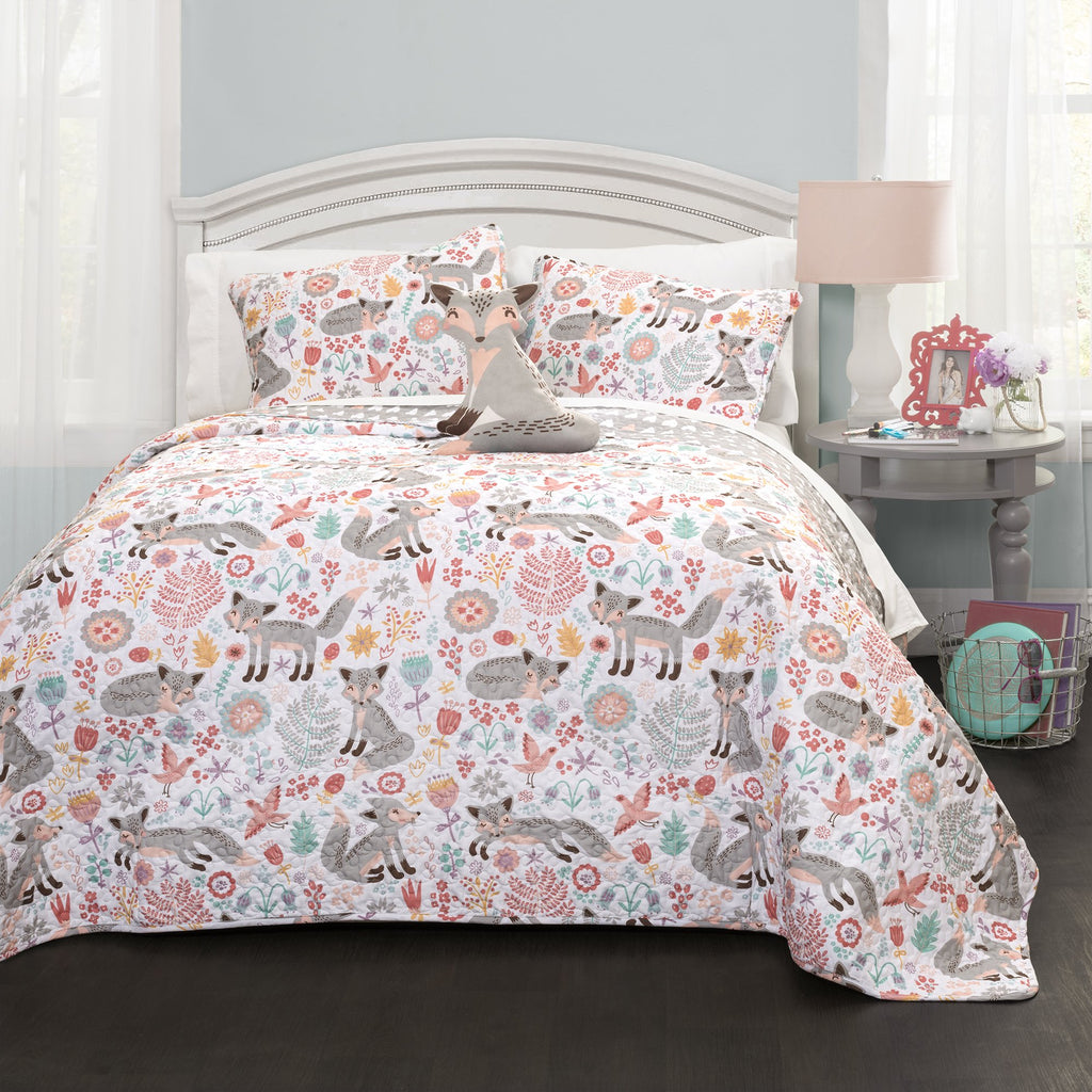 Lush Decor Pixie Fox Reversible Quilt Set, 3 Piece Set, Twin, Gray & Pink - Twin Bedding Sets For Girls - Whimsical Quilt For Ki