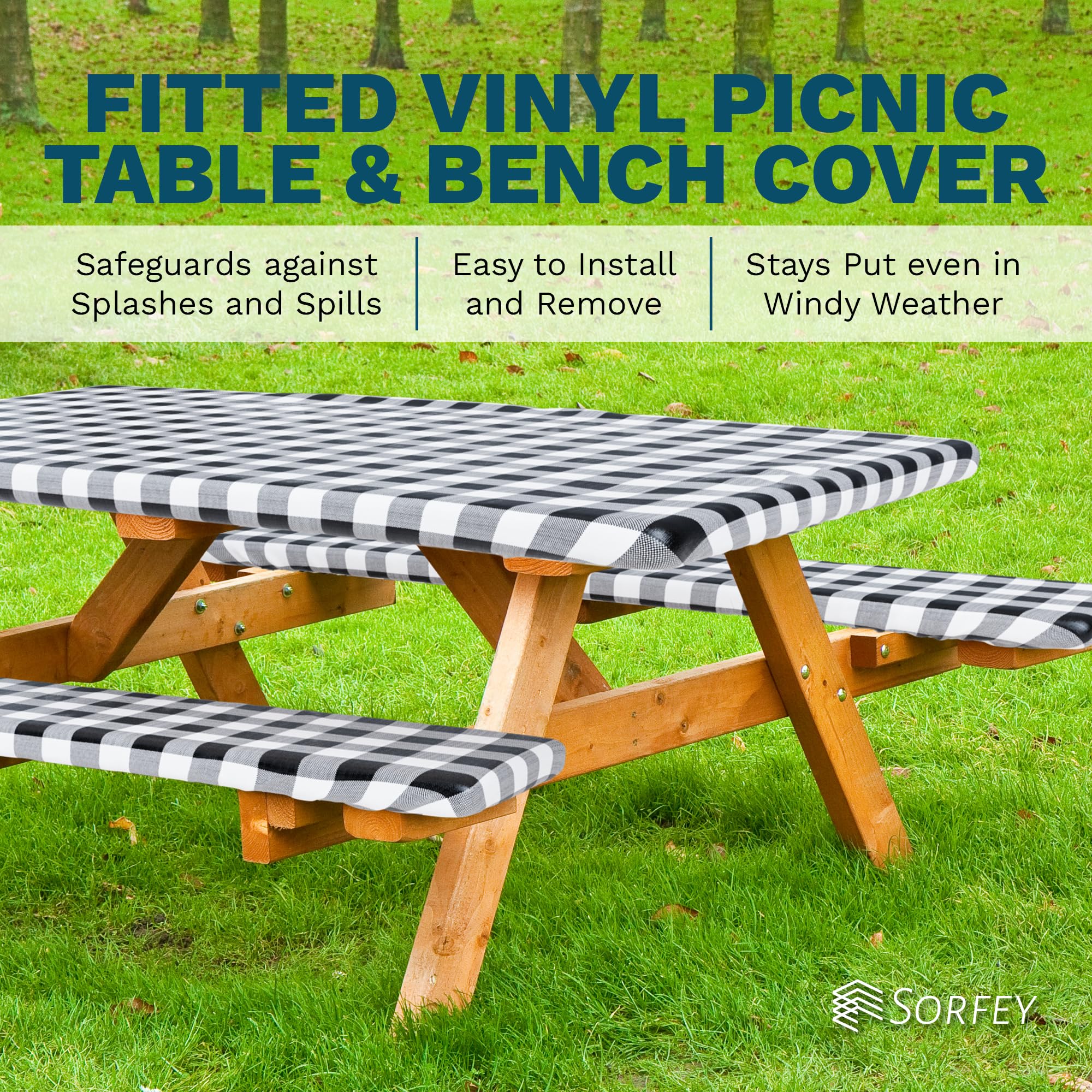 Sorfey Vinyl Picnic Table And Bench Fitted Tablecloth Cover, Checkered Design, Flannel Backed Lining, 30 X 96 Inch, 3-Piece Set, Red
