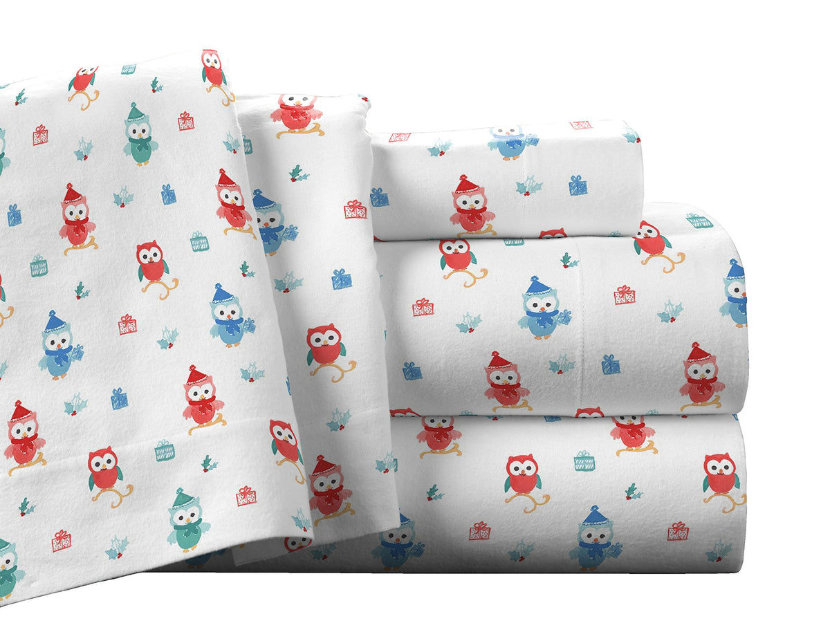 Pointehaven Flannel Deep Pocket Set With Oversized Flat Sheet, Queen, Owl