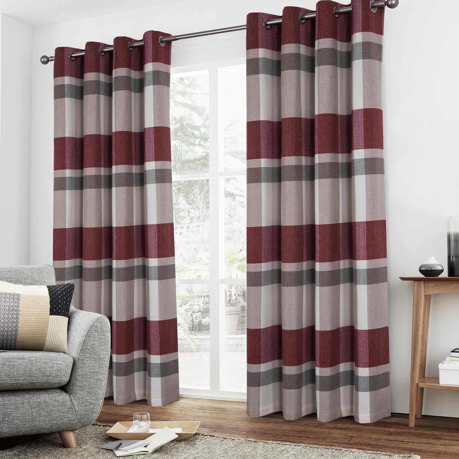 Always4U 100% Blackout Plaid Curtains For Bedroom Living Room Woolen Look Black Tartan Grommet Thermal 2 Panels 54 * 84 Red Beig