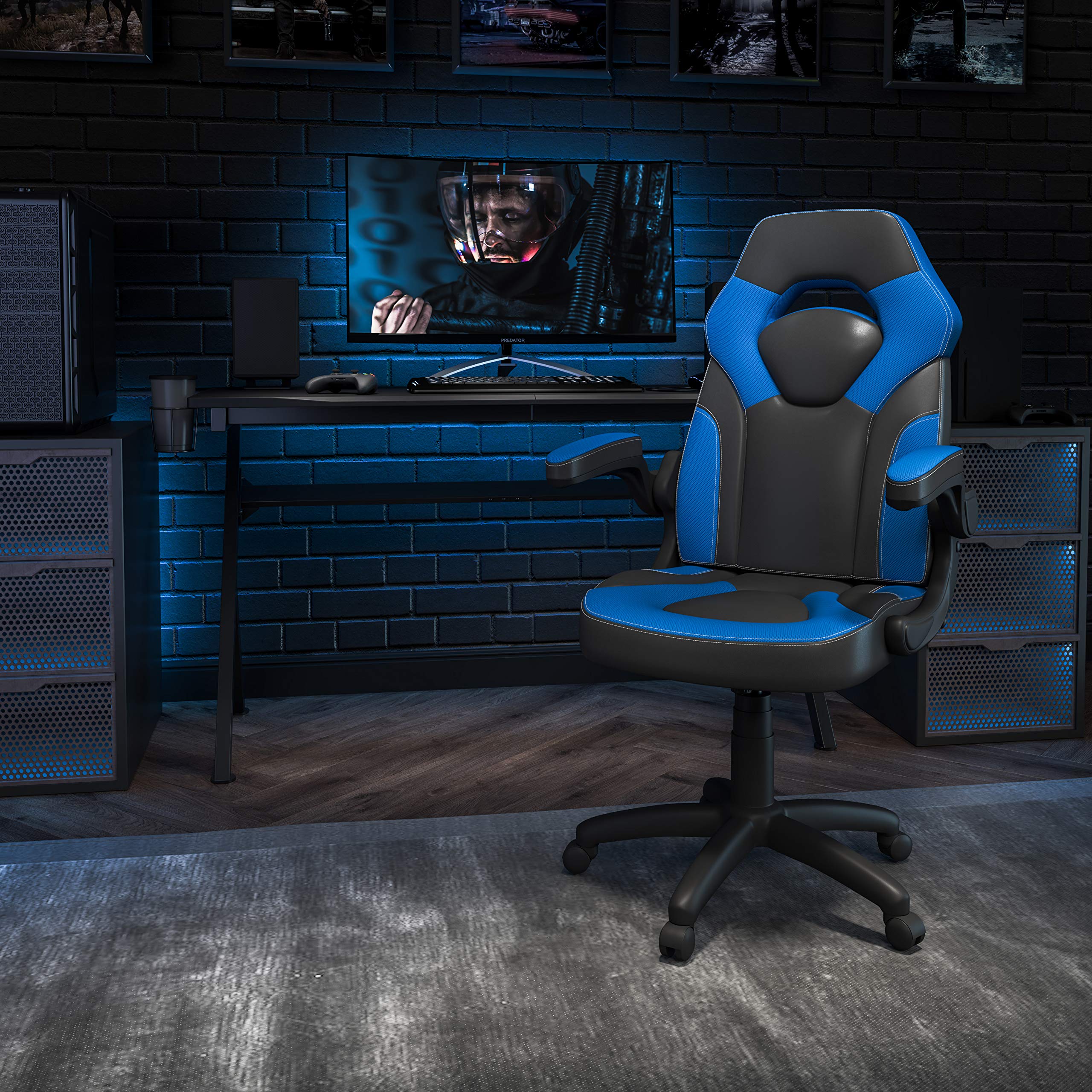 Flash Furniture X10 High-Back Leathersoft Racing Style Gaming Chair With Flip-Up Arms, Ergonomic Padded Swivel Computer Chair, Blue/Black