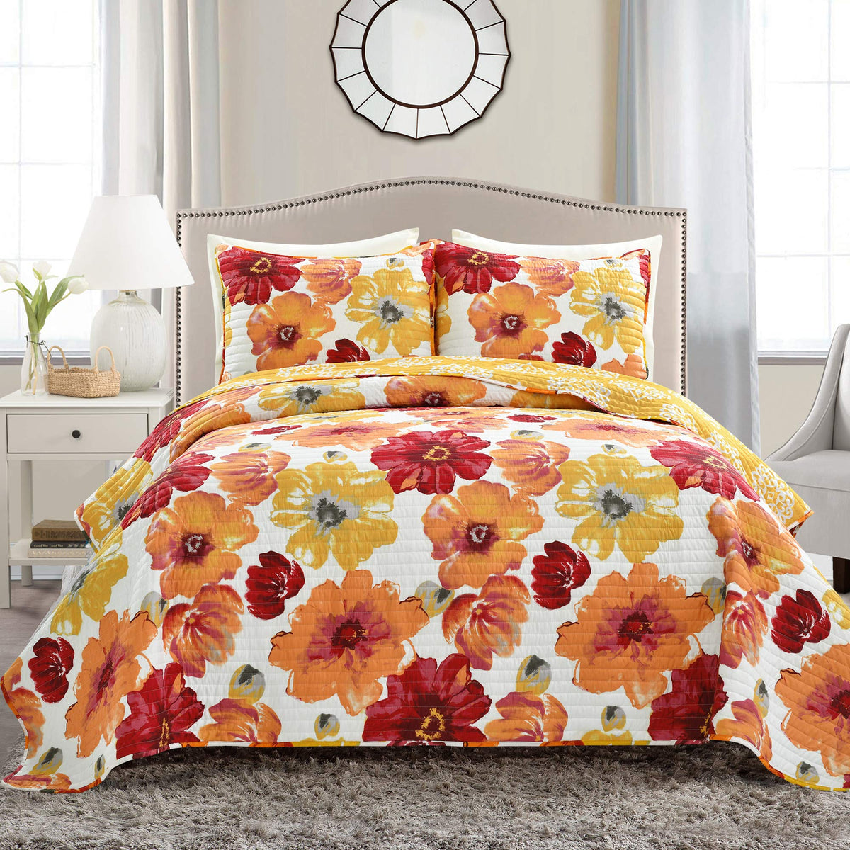 Lush Decor Leah Reversible Floral Quilt Set, 3 Piece Set, Full/ Queen, Red & Orange - Charming Floral Bedding Set - Large Bloomi