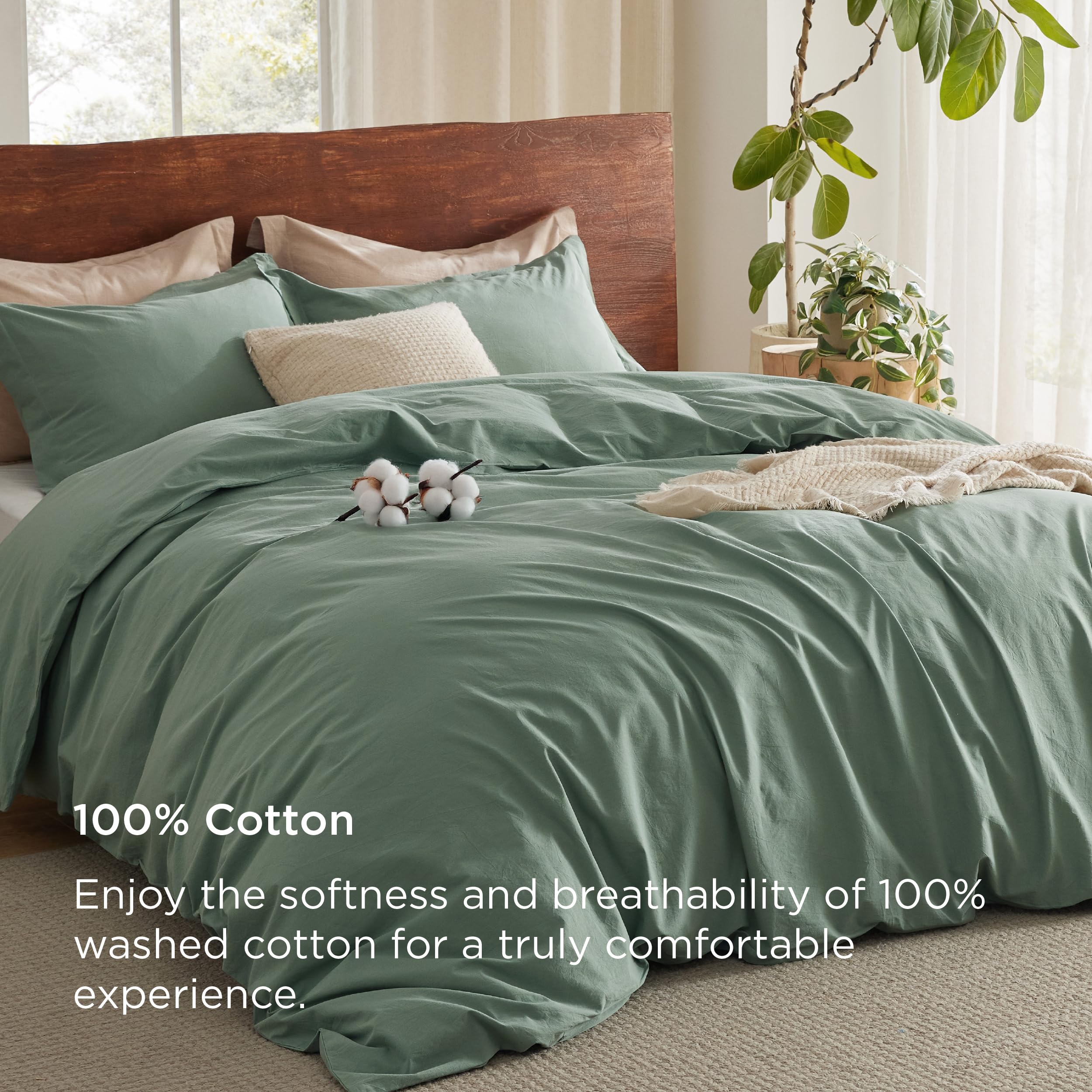 Bedsure 100% Washed Cotton Duvet Cover Queen - Green Minimalist Cotton Duvet Cover Linen Like - 3 Pieces Gentlesoft™ Plain Simple Bedding Set With 2 Pillow Shams (Green, Queen, 90'X90')