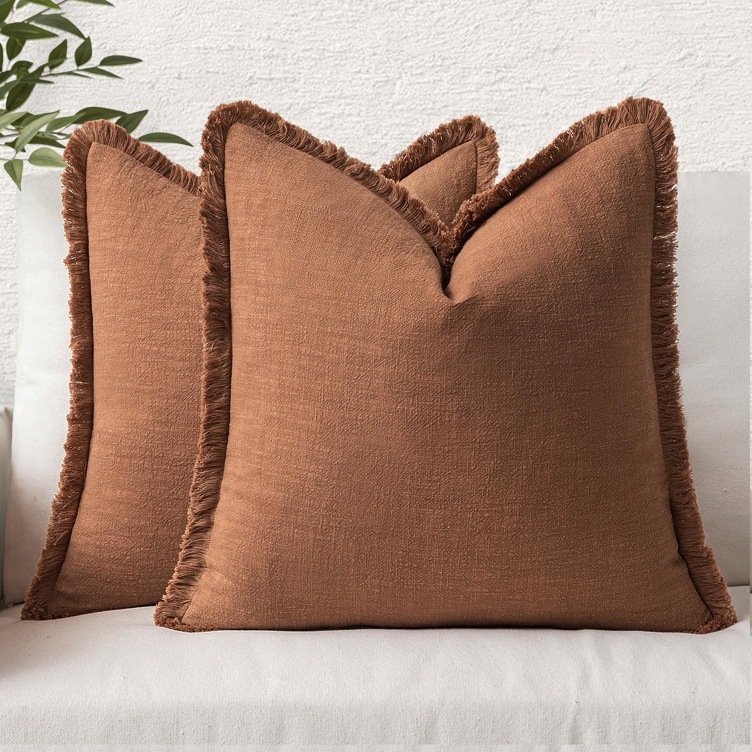Miulee Decorative Throw Pillow Covers Neutral Linen Fringe Throw Pillows Set Of 2 Brick Boho Farmhouse Cushion Covers With Tassels For Couch Sofa Bed Living Room Spring Home Decor 18X18 Inch