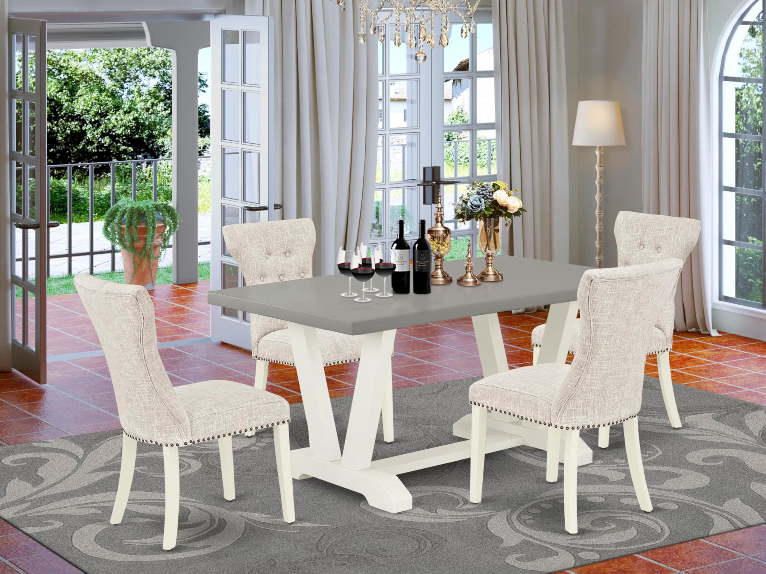 East West Furniture V096Ga235-5 5 Piece Modern Dining Table Set Includes A Rectangle Wooden Table With V-Legs And 4 Doeskin Linen Fabric Upholstered Chairs, 36X60 Inch, Multi-Color