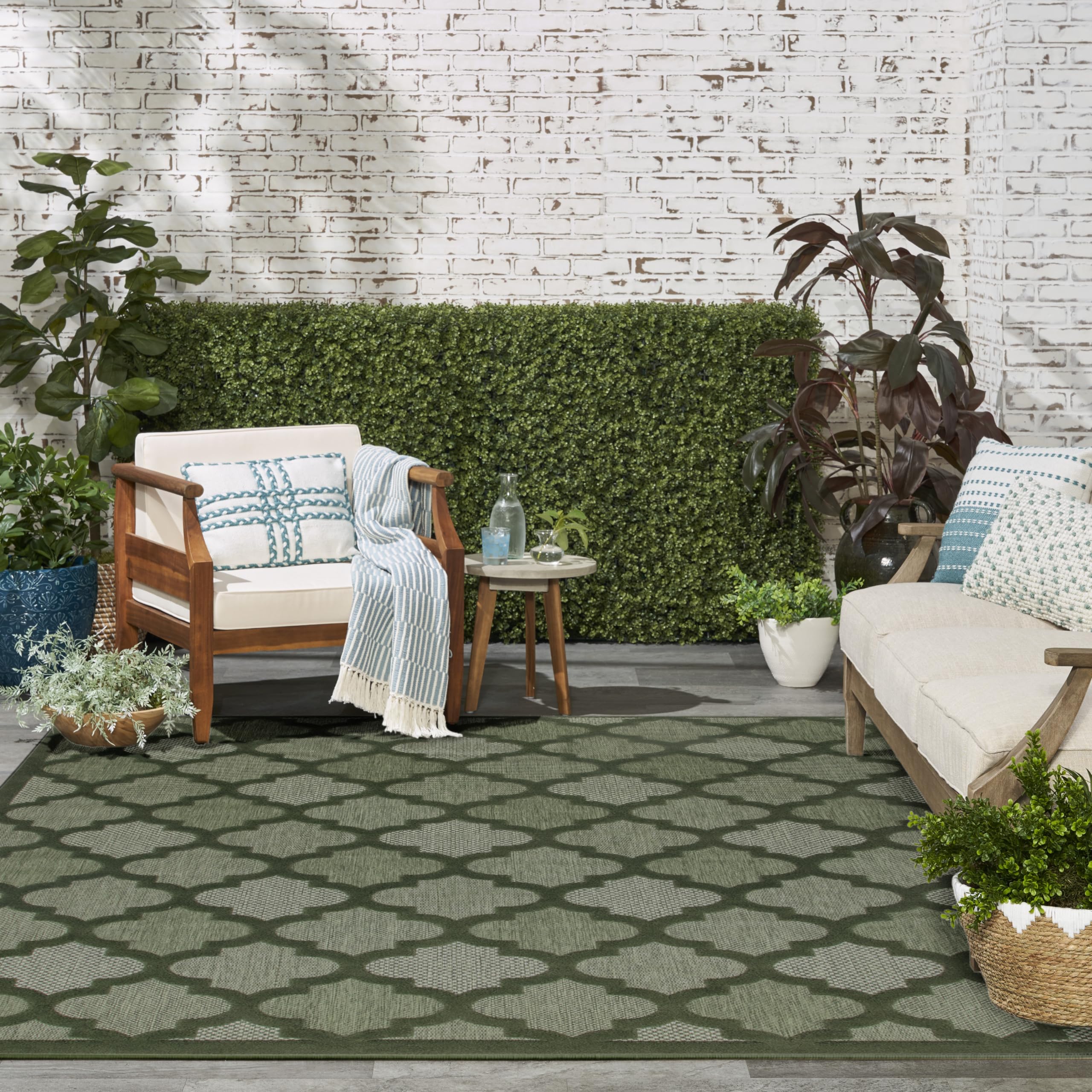 Nourison Easy Care Modern Indoor/Outdoor Green 8' X 10' Area Rug, Easy Cleaning, Non Shedding, Bed Room, Living Room, Dining Room, Backyard, Deck, Patio (8X10)