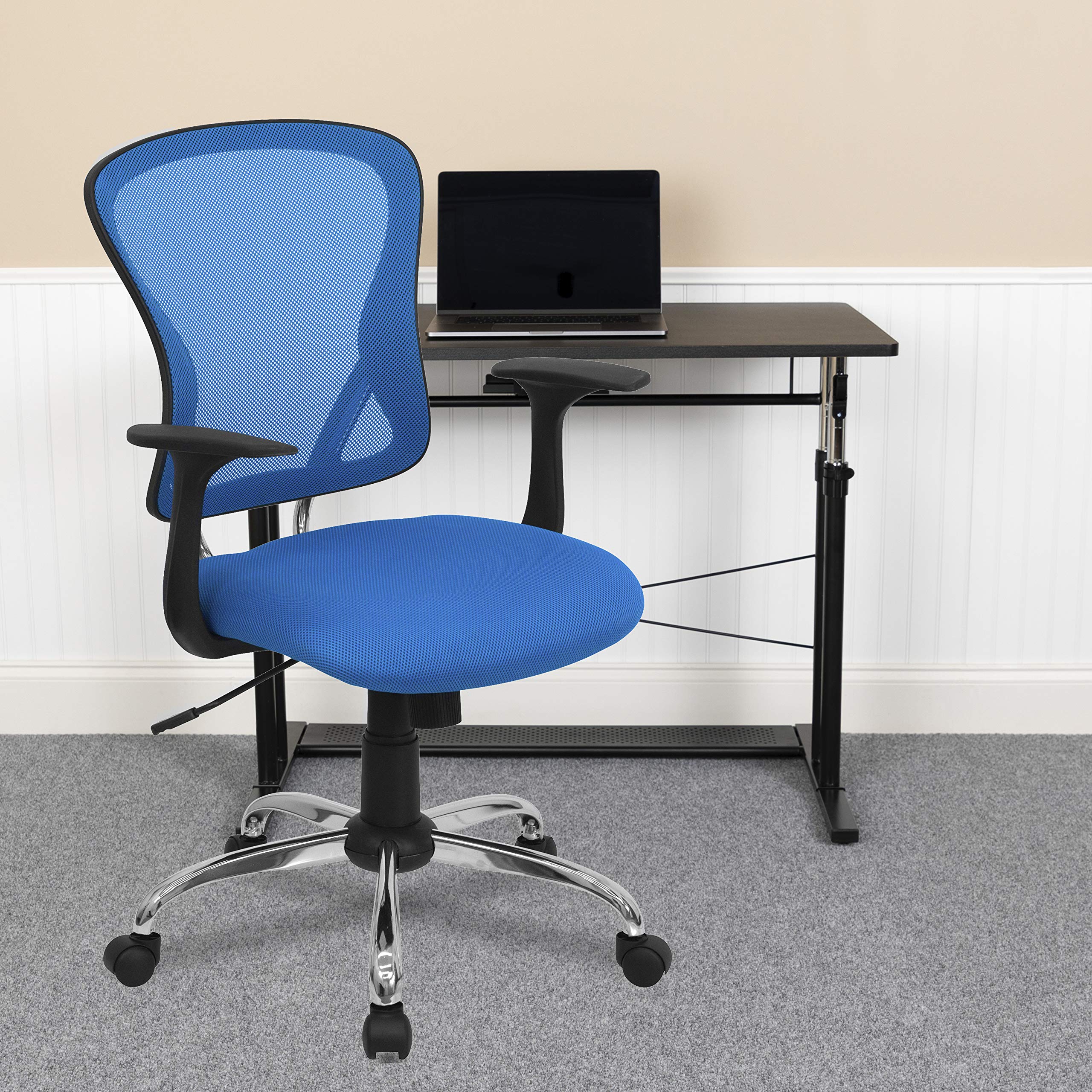Flash Furniture Alfred Mid-Back Blue Mesh Swivel Task Office Chair with Chrome Base and Arms