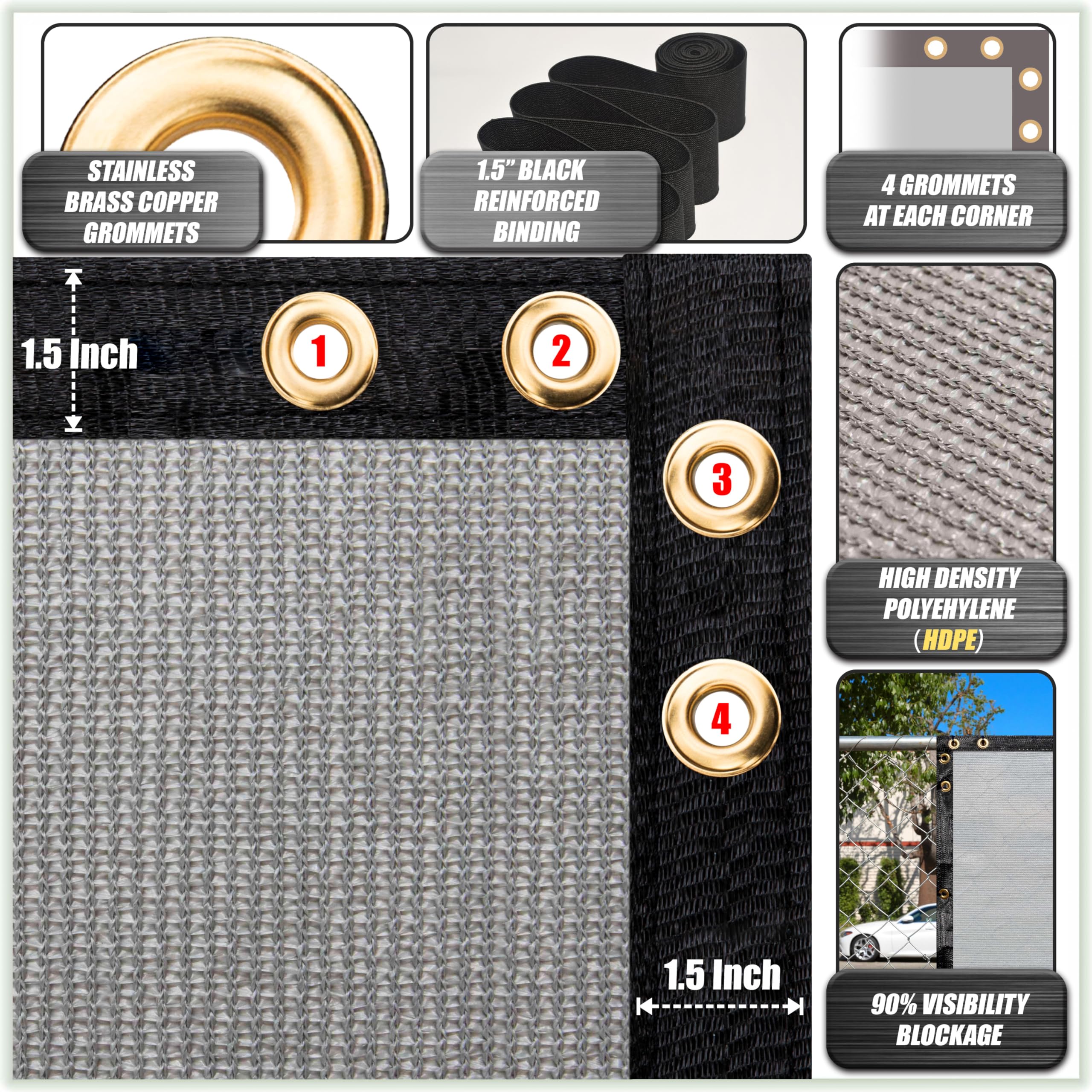 Colourtree 4' X 50' Grey Fence Privacy Screen Windscreen Cover Fabric Shade Tarp Netting Mesh Cloth - Commercial Grade 170 Gsm - Cable Zip Ties Included - We Make Custom Size