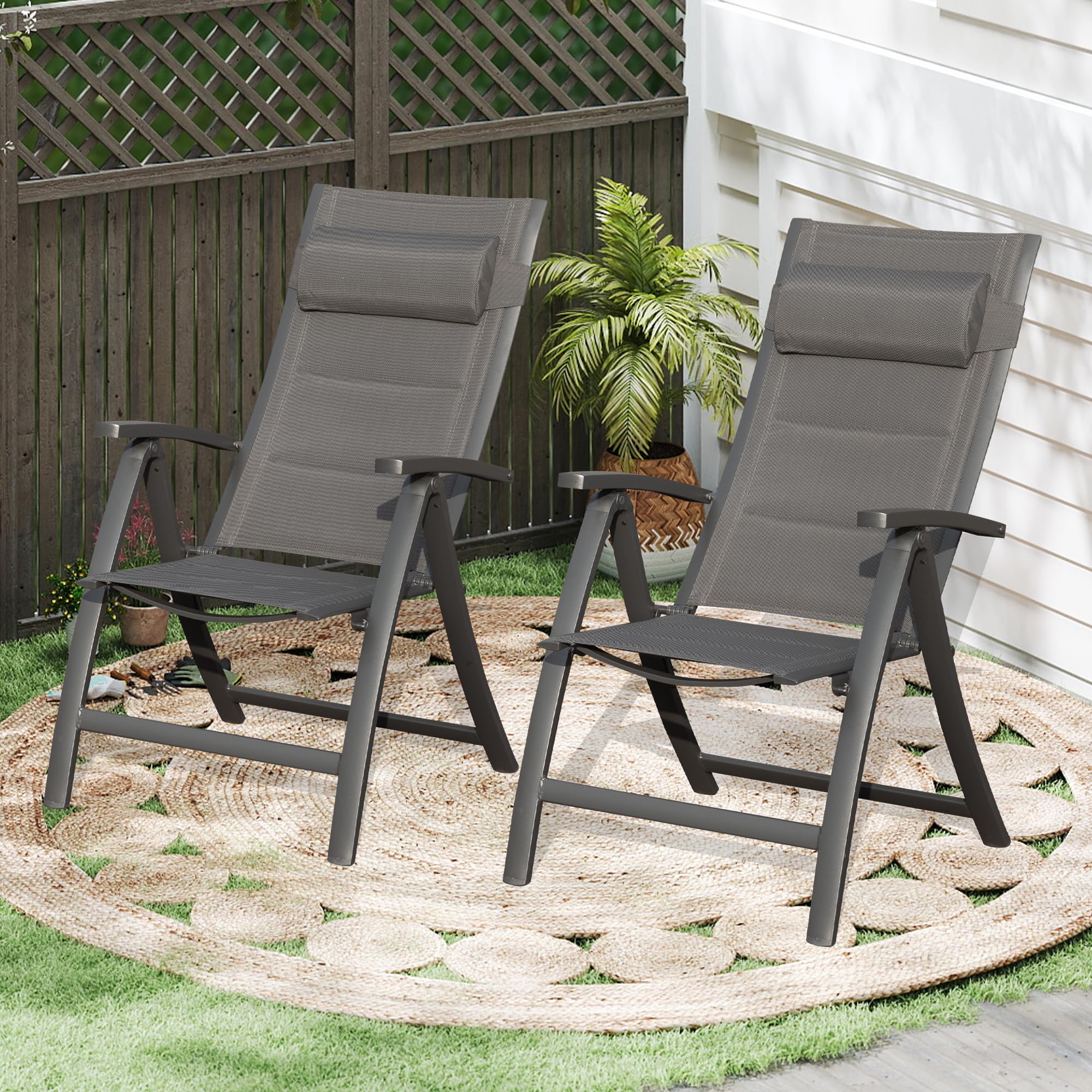 Domi Patio Folding Chairs Set of 2, Outdoor Reclining Camping Chairs Set with Moveable Headrest, Aluminum Frame Outdoor Portable