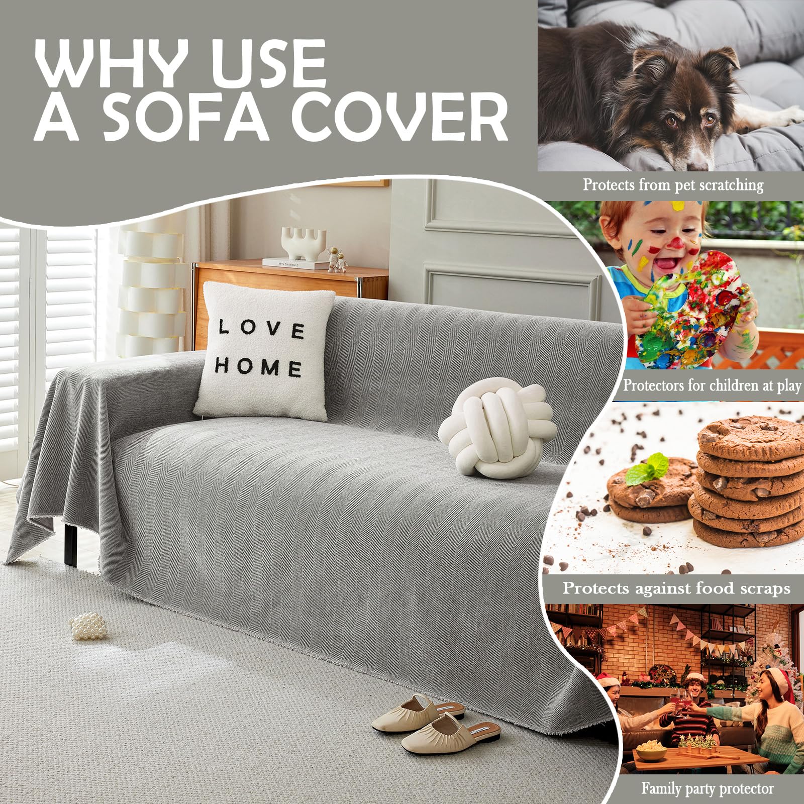 Handontime Couch Slipcovers For Sofas Dark Grey Couch Cover Sofa Cover For Dogs Boho Pet Couch Protector With Tassel Couch Throw Cover Chenille Herringbone Couch Cover Sofa 2 3 Seat Cover, 91' X134'