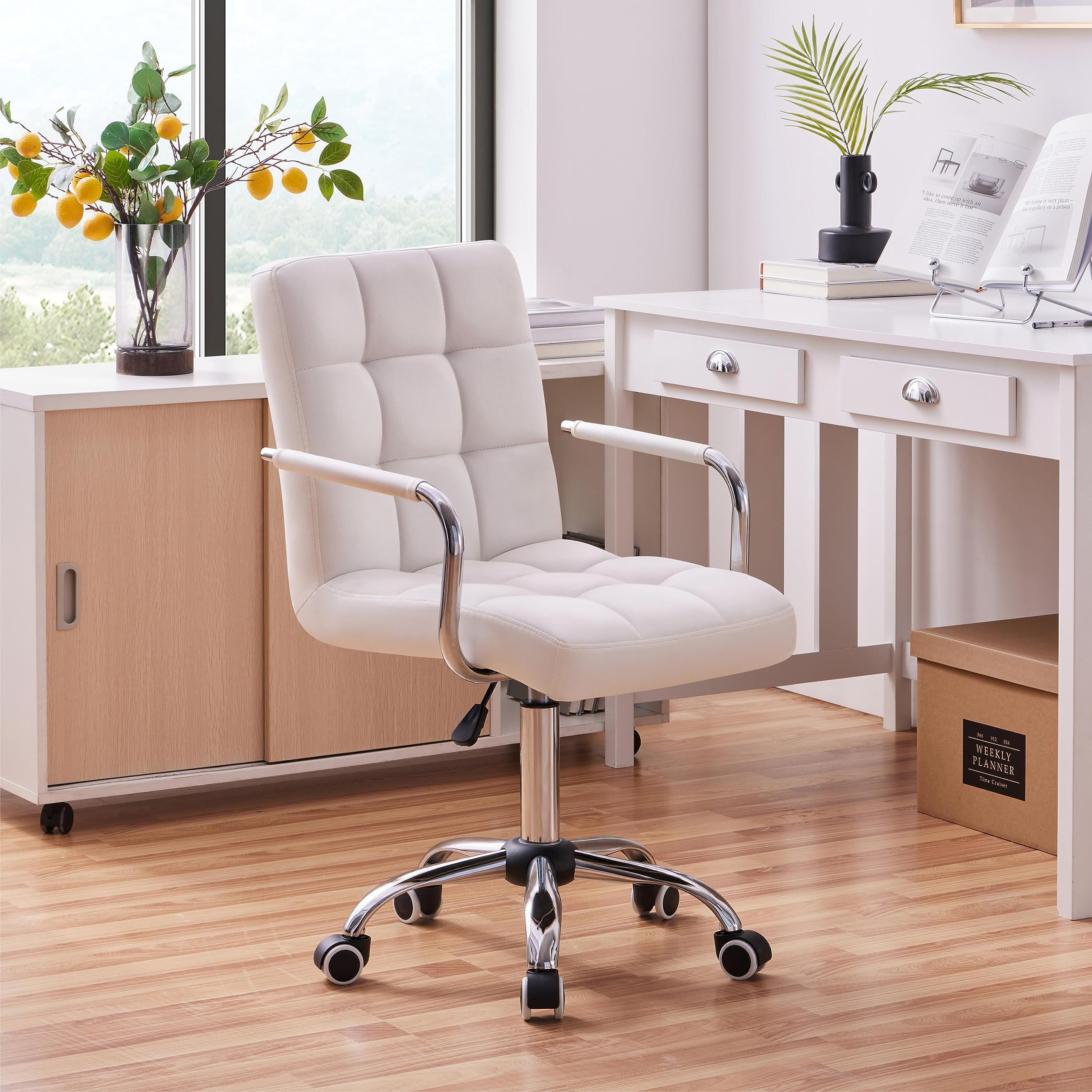 Yaheetech White Desk Chairs With Wheels/Armrests Modern Pu Leather Office Chair Midback Adjustable Home Computer Executive Chair 360° Swivel