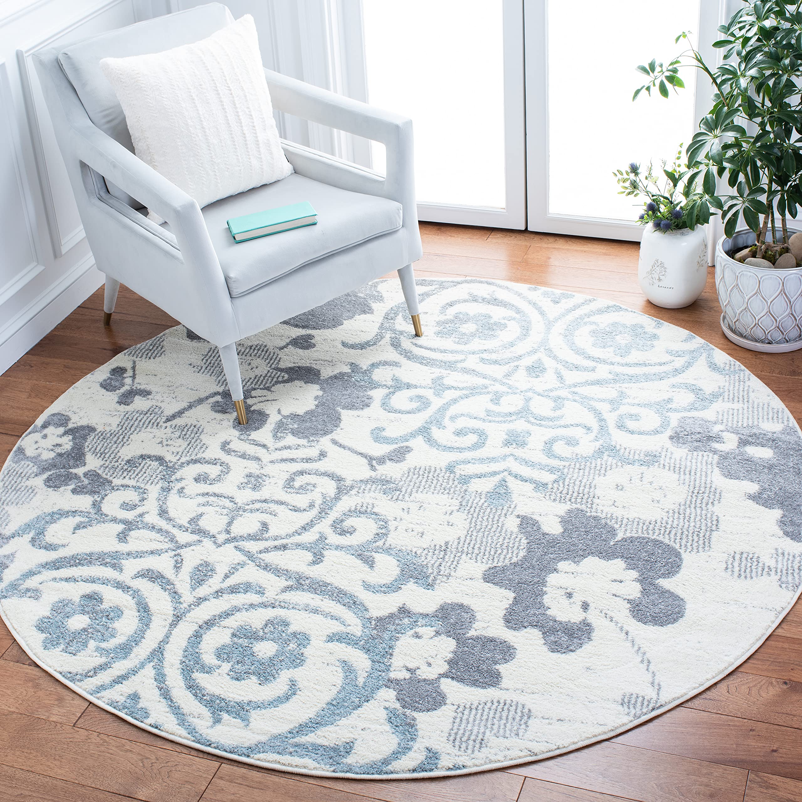 SAFAVIEH Adirondack Collection Area Rug - 4 Round, Ivory & Grey, Floral Glam Damask Distressed Design, Ideal for High Traffic A