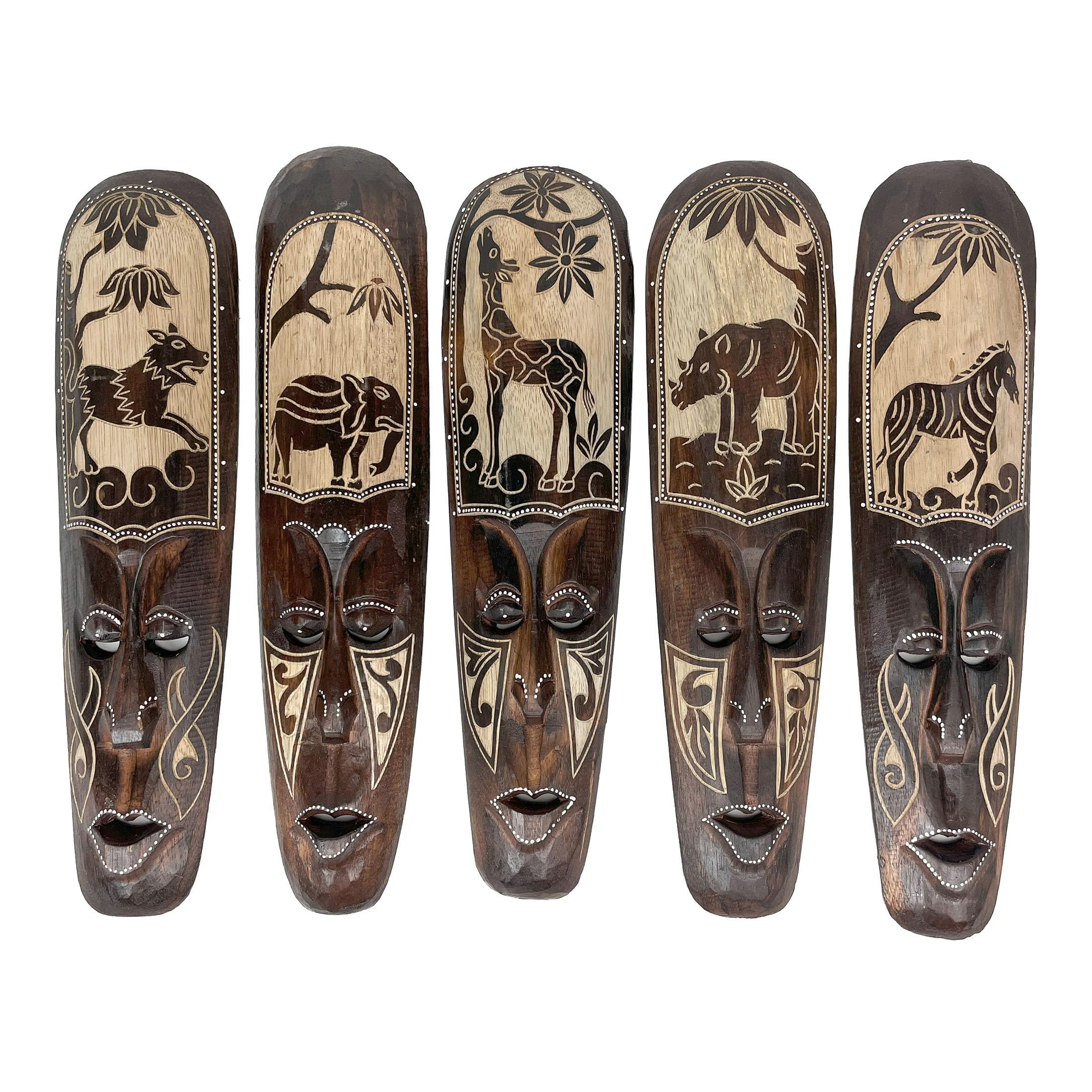 Artisan-Carved Set of 5 Hand-Crafted Wooden African Animal Wall Masks: Unique Tribal Art Sculptures - Each 20 Inches High - Perf