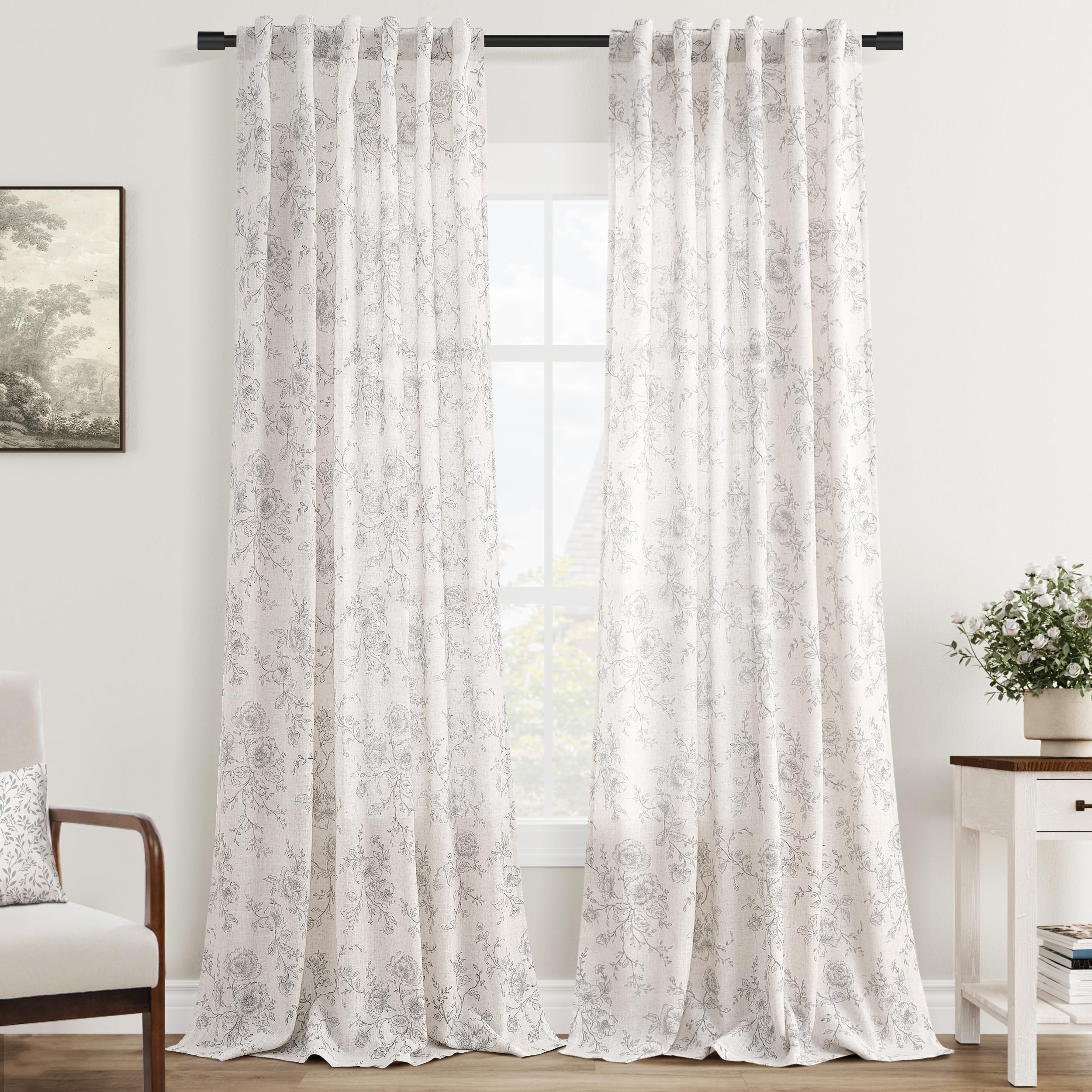 Vintage Floral Curtains 100 Inches Long For Living Room Grey Patterned Curtains Sketch Print Burlap Textured Farmhouse Country C