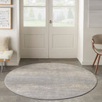 Nourison Essentials Indoor/Outdoor Solid Abstract Grey/Beige 4' X Round Area Rug, Easy Cleaning, Non Shedding, Bed Room, Living Room, Dining Room, Backyard, Deck, Patio (4 Round)