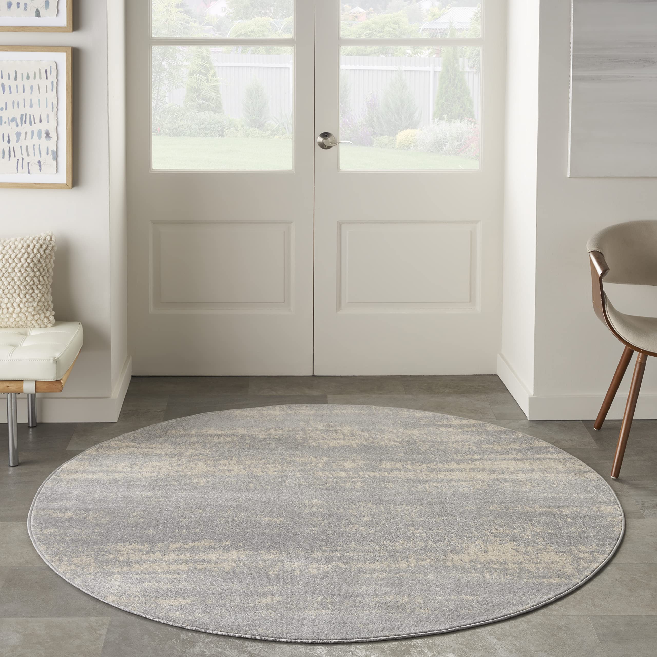 Nourison Essentials Indoor/Outdoor Solid Abstract Grey/Beige 4' X Round Area Rug, Easy Cleaning, Non Shedding, Bed Room, Living Room, Dining Room, Backyard, Deck, Patio (4 Round)