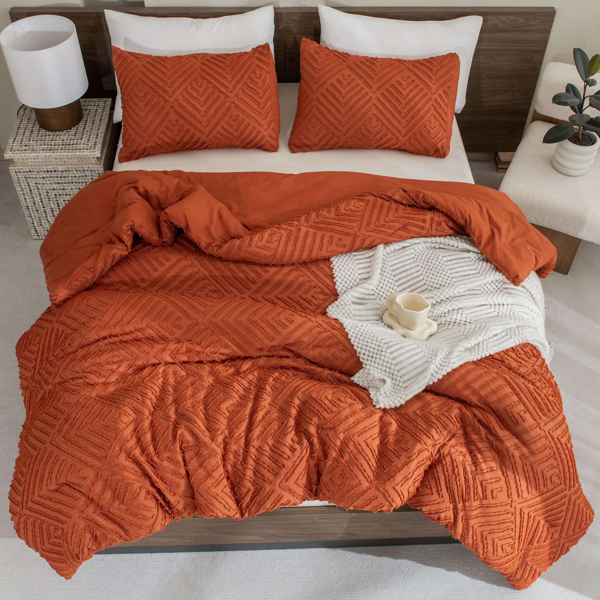 Andency Burnt Orange Queen Size Comforter, Terracotta Boho Fall Lightweight Fluffy Bedding Set & Collections For Queen Bed, 3 Pieces Rust Tufted Design Bed Set (90X90Inches, 2 Pillow Shams)