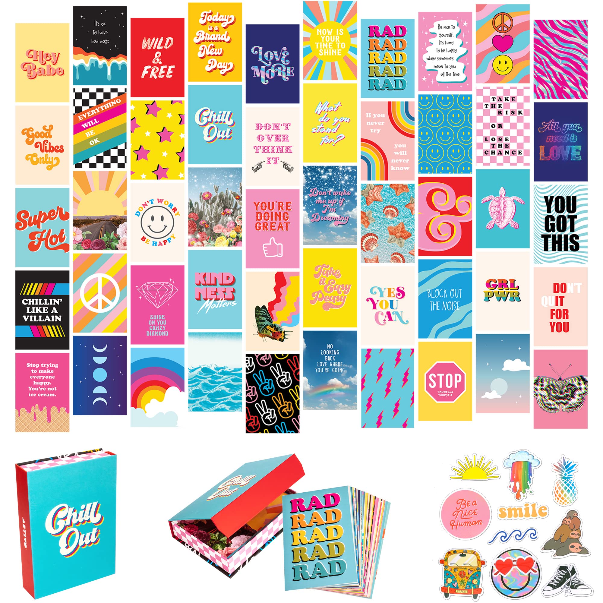 Artivo Bright Indie Collage Kit Aesthetic Pictures, 50 Set 4x6 inch, Colorful Bedroom Decor for Teen Girls, Fun Wall Art for Kid