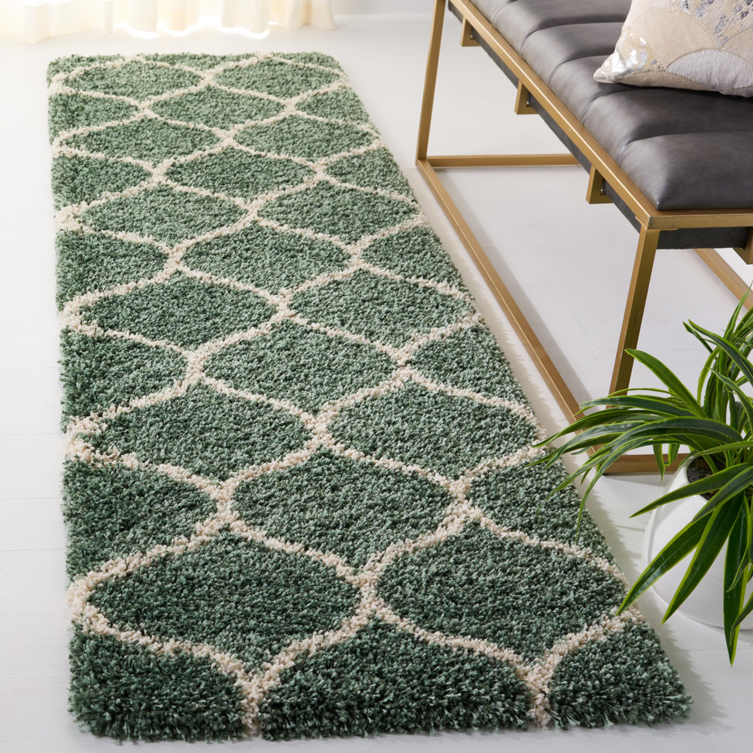 Safavieh Hudson Shag Collection Runner Rug - 23 x 8, Light Green & Ivory, Trellis Design, Non-Shedding & Easy Care, 2-inch Thi
