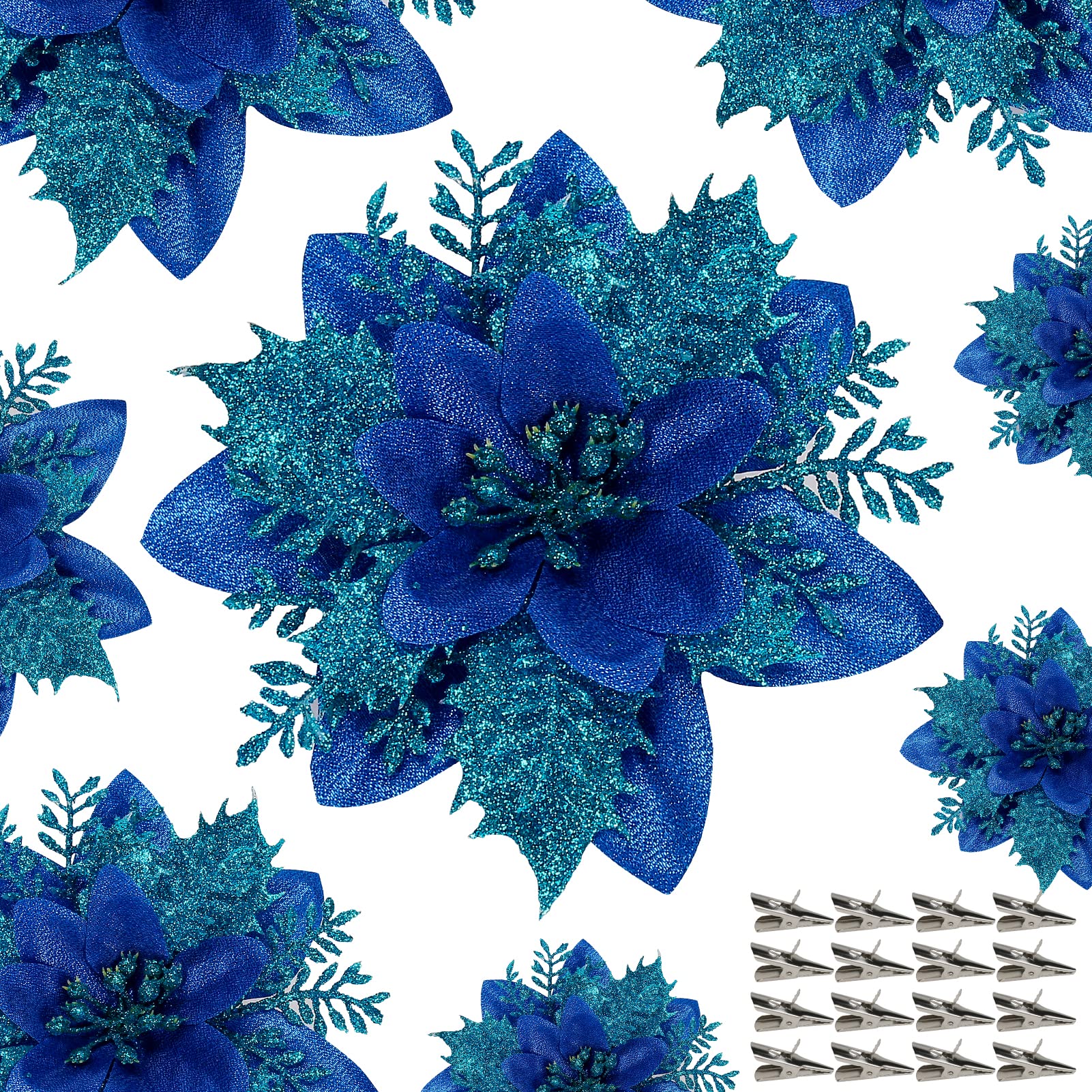 15 PCS Poinsettia Flower Artificial Poinsettia with Clips Christmas Decor Glitter Poinsettia Christmas Ornaments Christmas Tree 