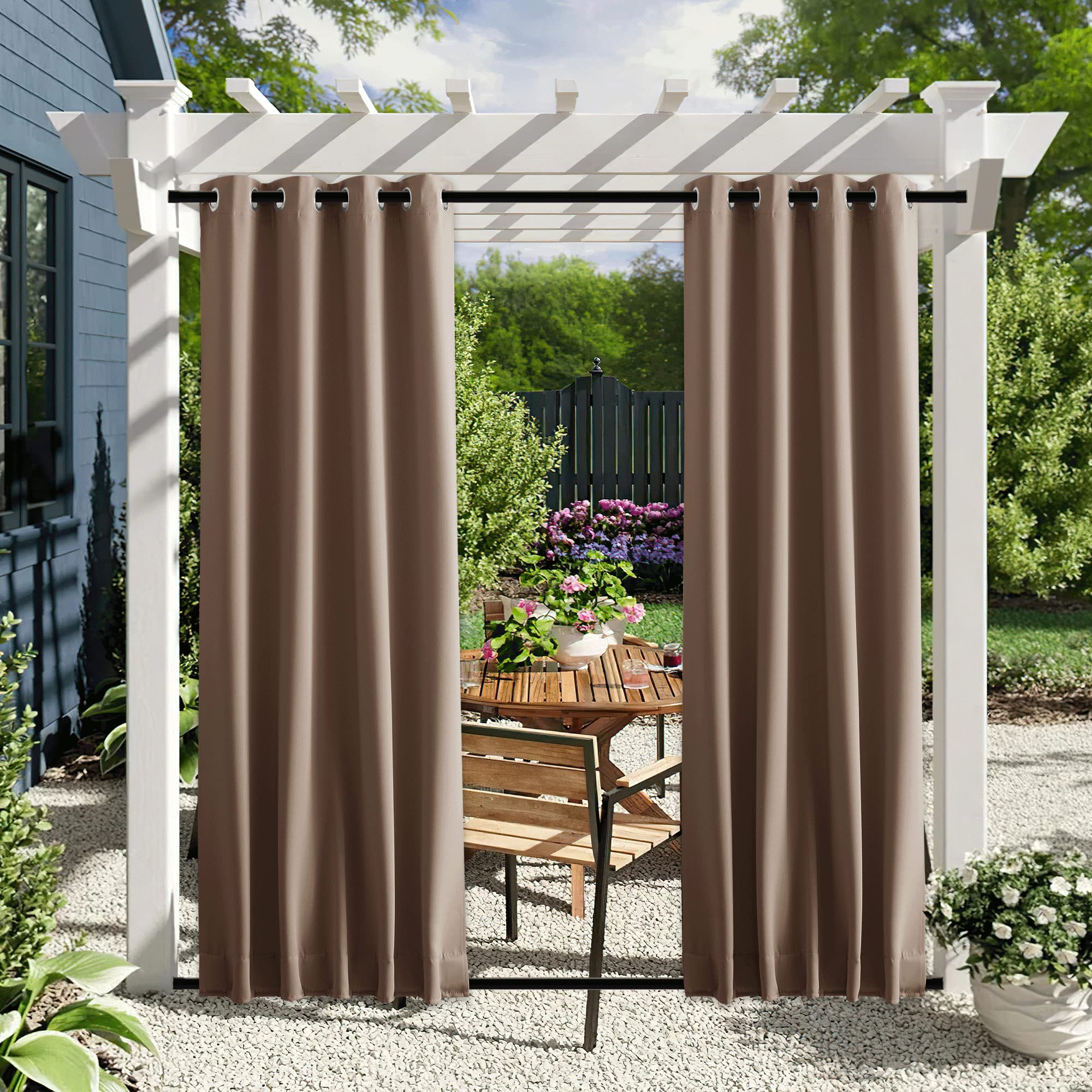 Nicetown 2 Panels Blackout Waterproof Patio Outdoor Curtains, Top & Bottom Grommet & Back Tab Windproof Hot & Cold Block Drapes