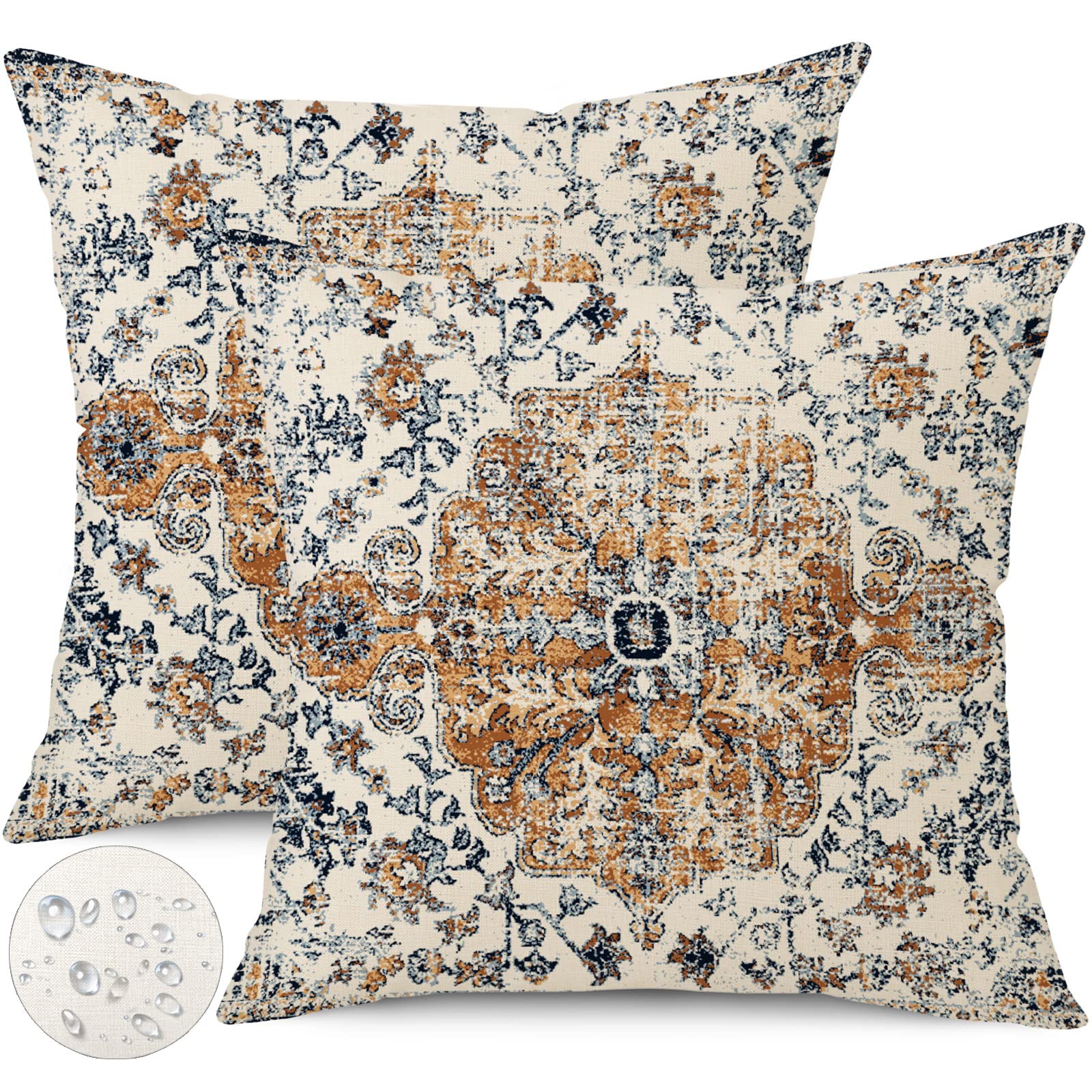 Gujiahone Outdoor Waterproof Pillow Covers 20X20 Inch Set Of 2 Bohemian Vintage Carpet Pattern Pillow Covers Gold Blue Ethnic De