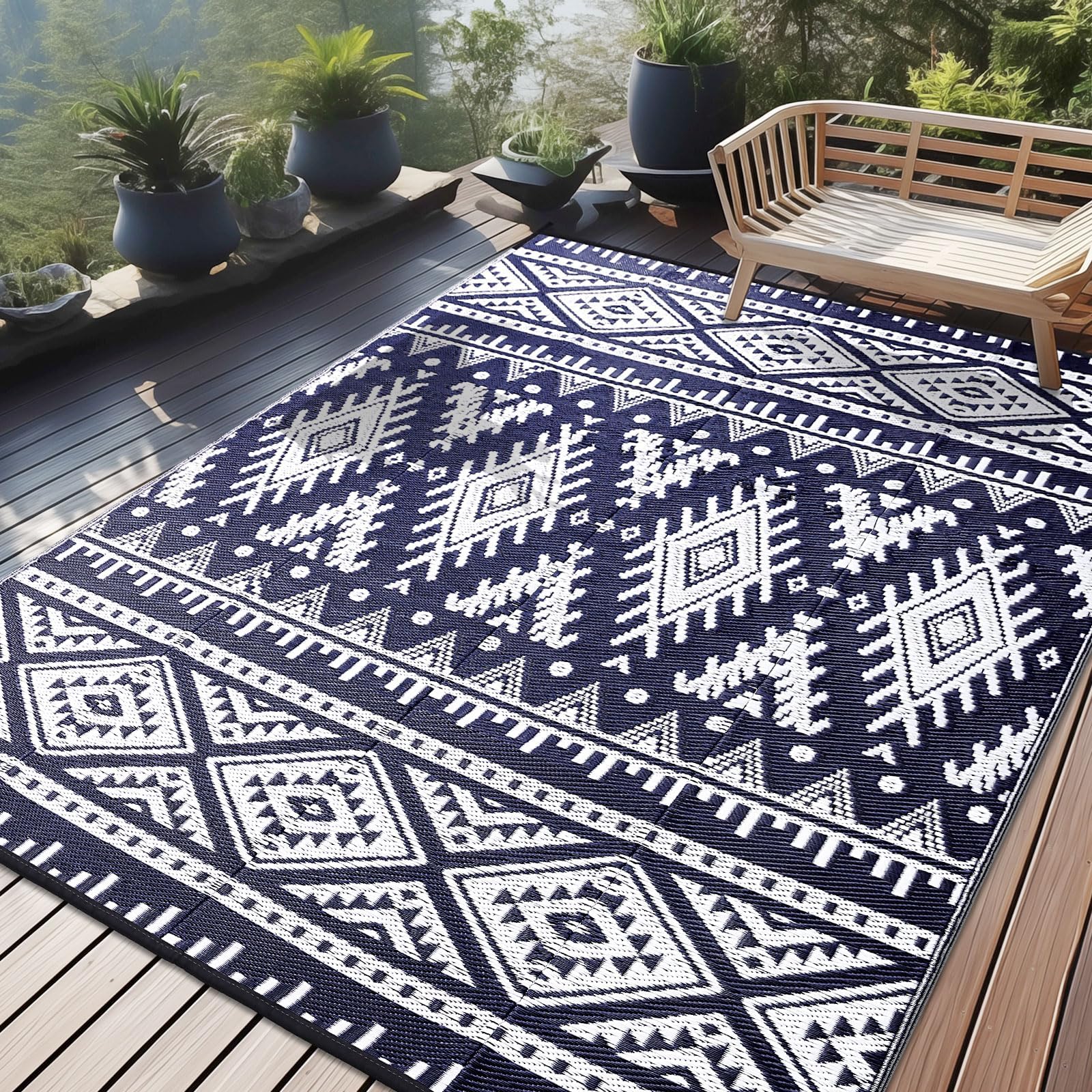 OLANLY Outdoor Rug Waterproof 10x14 ft, Reversible Outdoor Plastic Straw Rug, Boho Patio Rug, Indoor Outdoor Carpet, RV Mat Outs