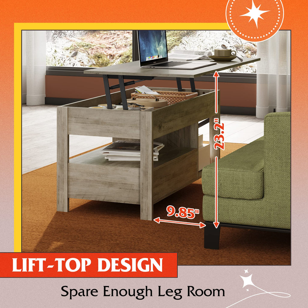 Wlive Coffee Table, 39' Lift Top Coffee Table With Hidden Compartment, Storage Drawers And Storage Shelf For Living Room, Reception Room, Grey