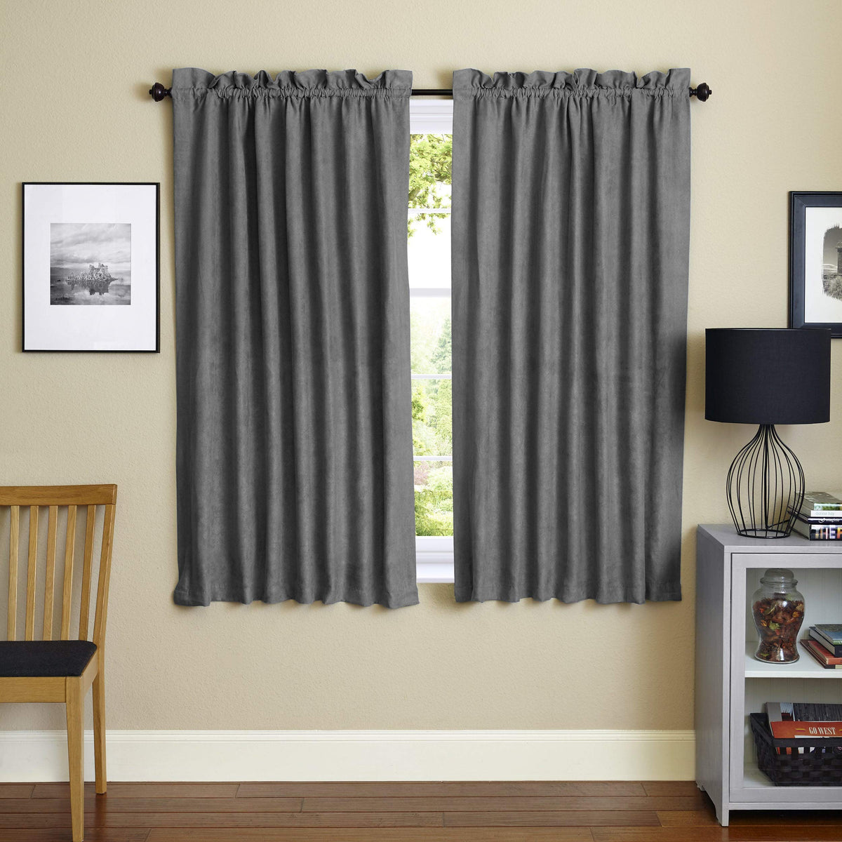 Blazing Needles Reversible Rod Pocket Room-Darkening Microsuede Curtain Panels, 63&quot; by 52&quot;, Steel Grey 2 Count