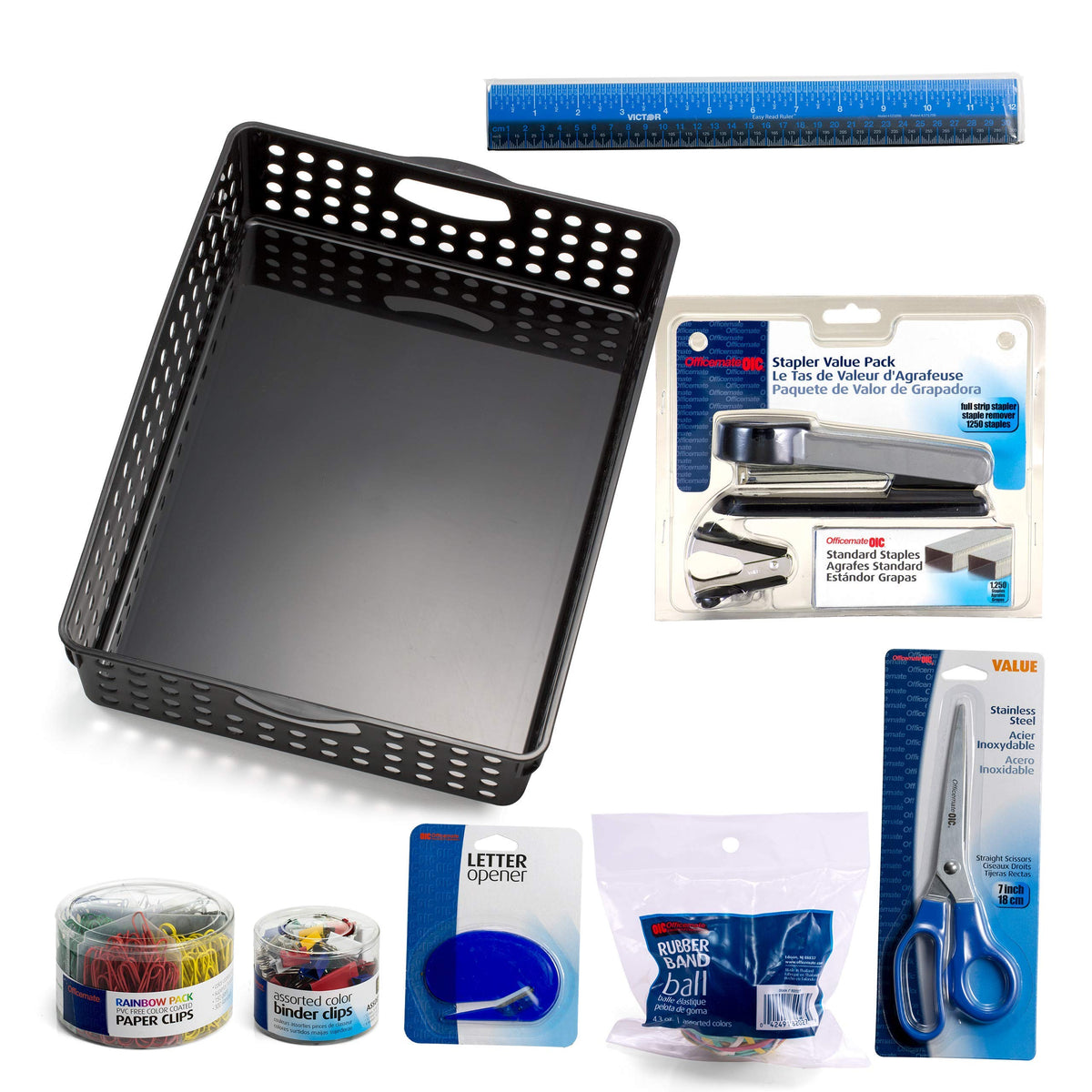 Officemate Home Office Supplies Kit, File Basket With Stapler, Staples, Scissors, Paper Clips, Binder Clips And More, 8 Piece Va